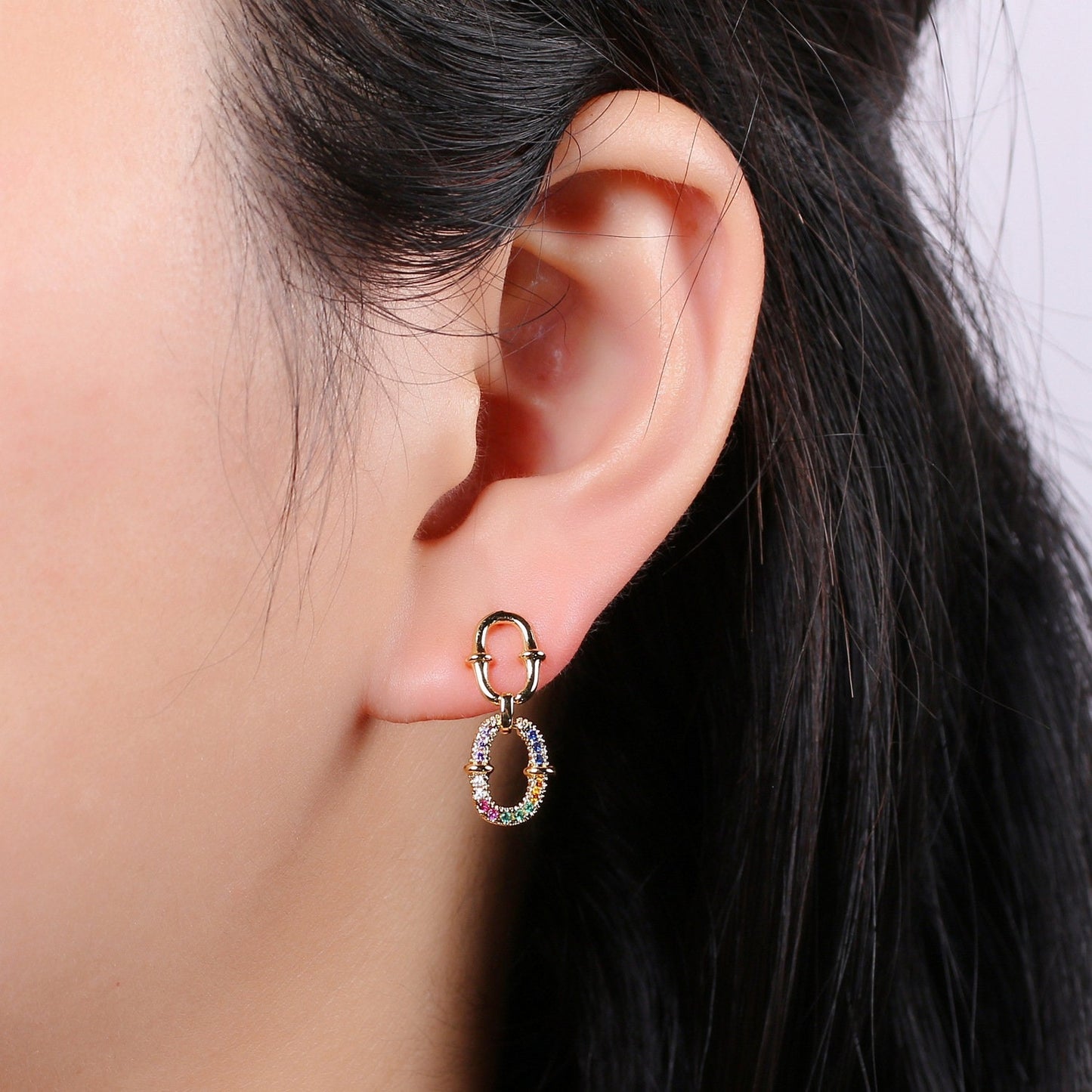 Double Eternity Design 24K Gold Multi Color Pave Cz Stud Earring, Simplicity Rolo Metro Design Earring, , Q-540