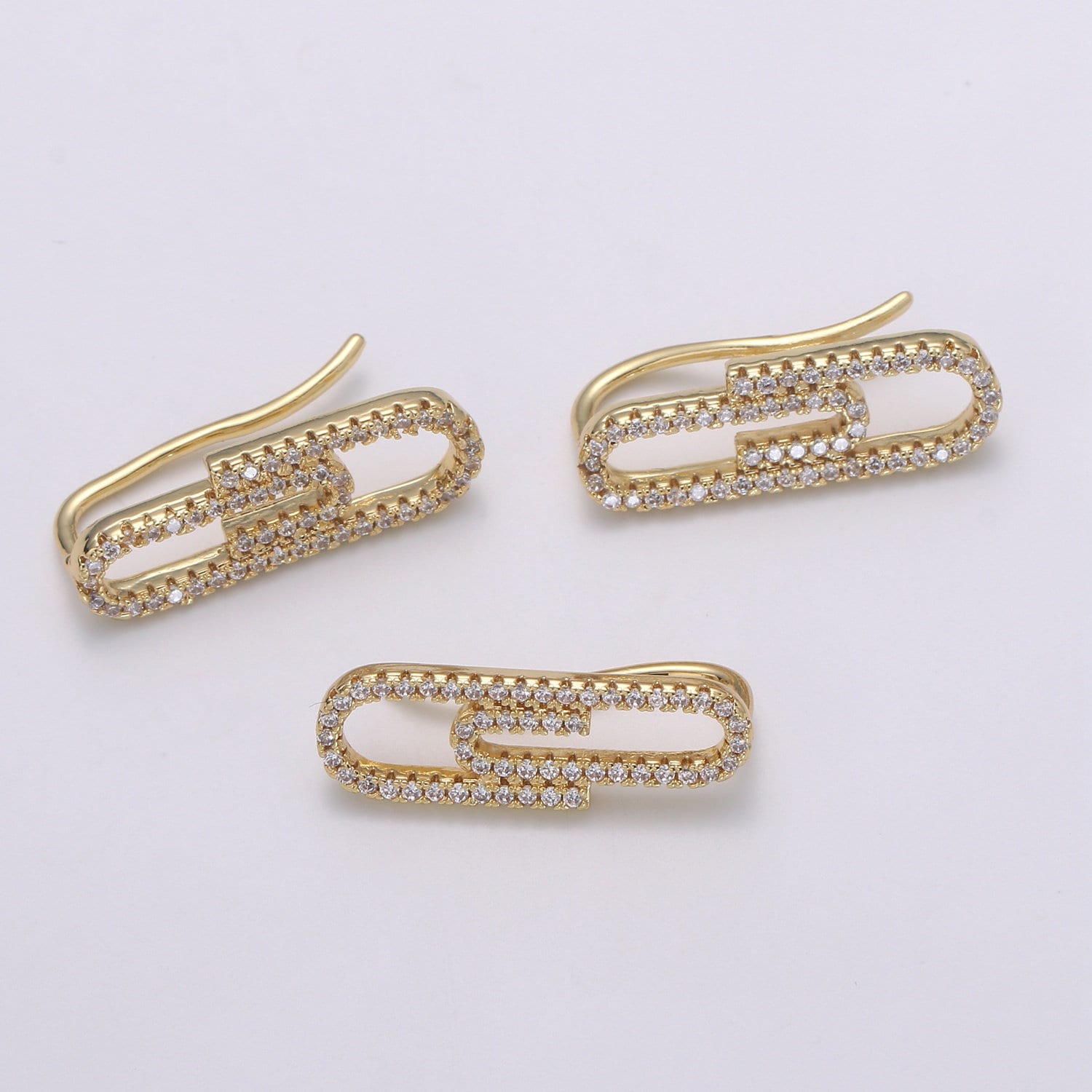 1 Pair Paper Clip Cubic Pave Gold Drop Earring Paper clip Pave CZ Fish Loop Earring, Gold Micro Pave Earcuff, Tie Clips, P-001