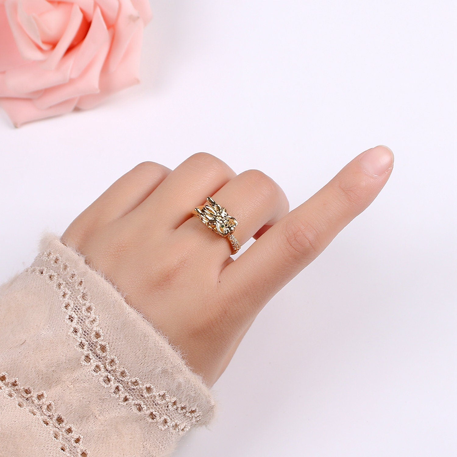 1pc Dragon Ring CZ Pave 24K Gold Ring, Animal Adjustable Gold Curb Ring, Bold Asian Dragon Ring, R-434