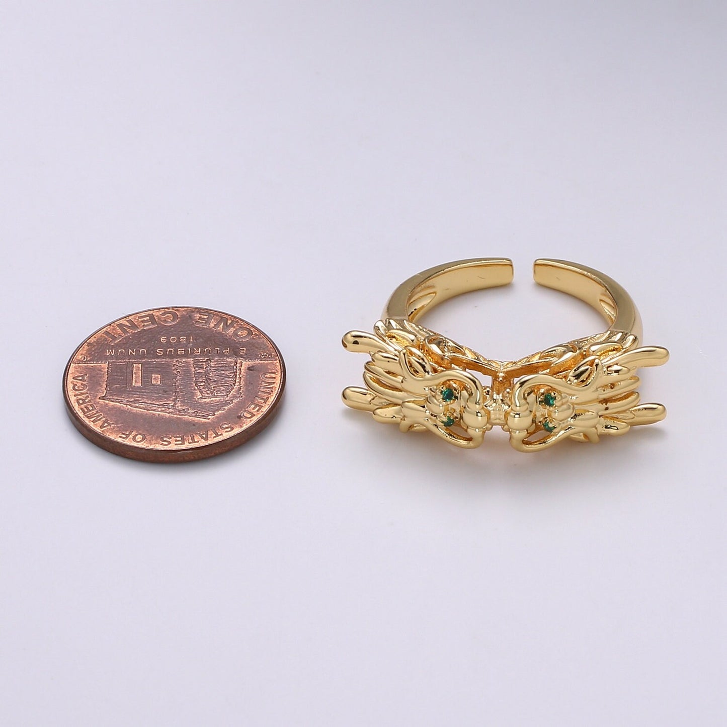 1pc Twin Dragon CZ Pave Gold Ring, Green Eye Dragon Adjustable Gold Ring, Bold Animal Ring, R-435