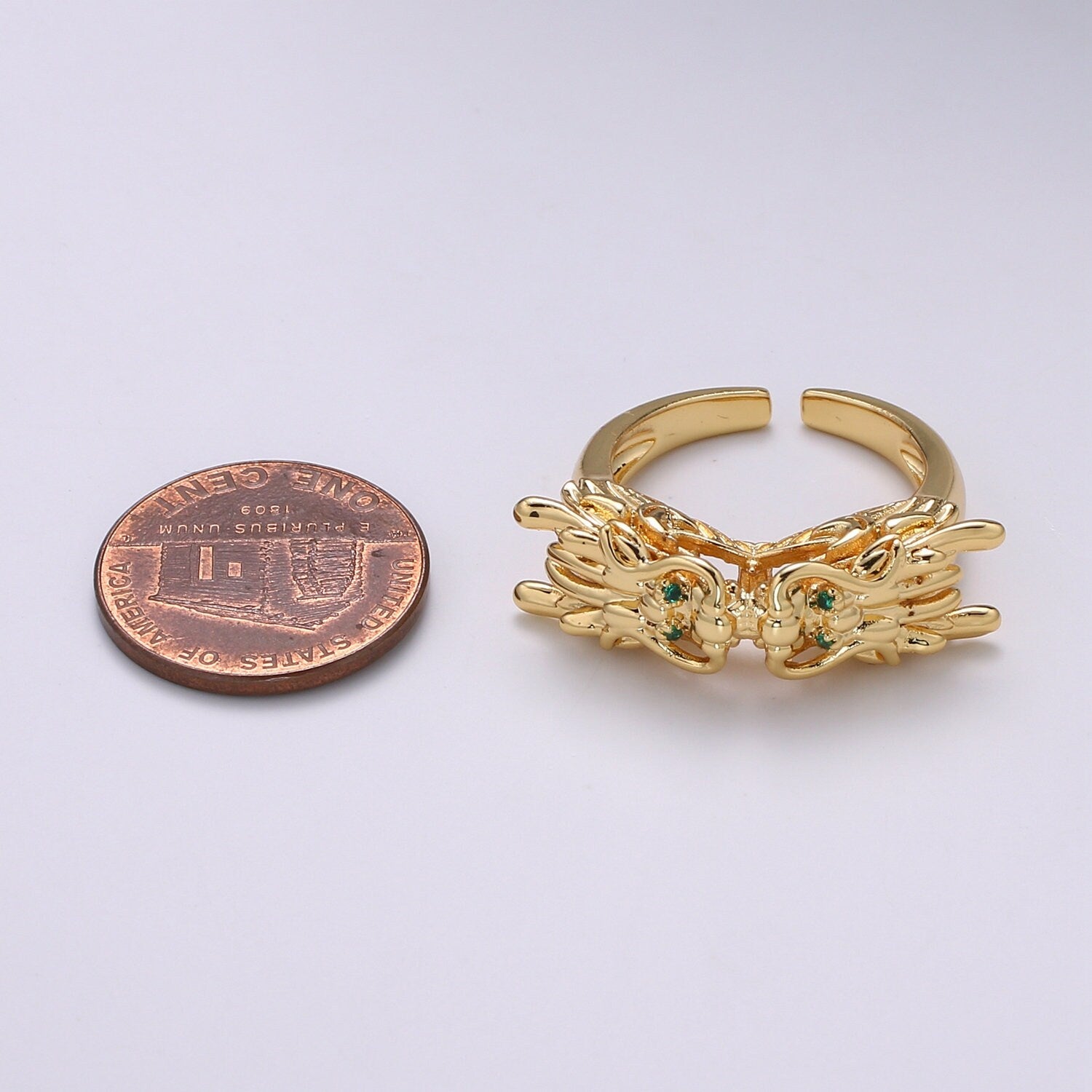 1pc Twin Dragon CZ Pave Gold Ring, Green Eye Dragon Adjustable Gold Ring, Bold Animal Ring, R-435