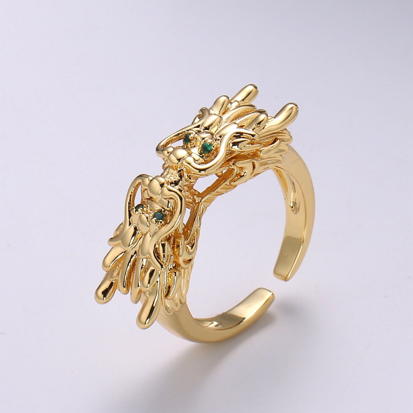 1pc Twin Dragon CZ Pave Gold Ring, Green Eye Dragon Adjustable Gold Ring, Bold Animal Ring, R-435