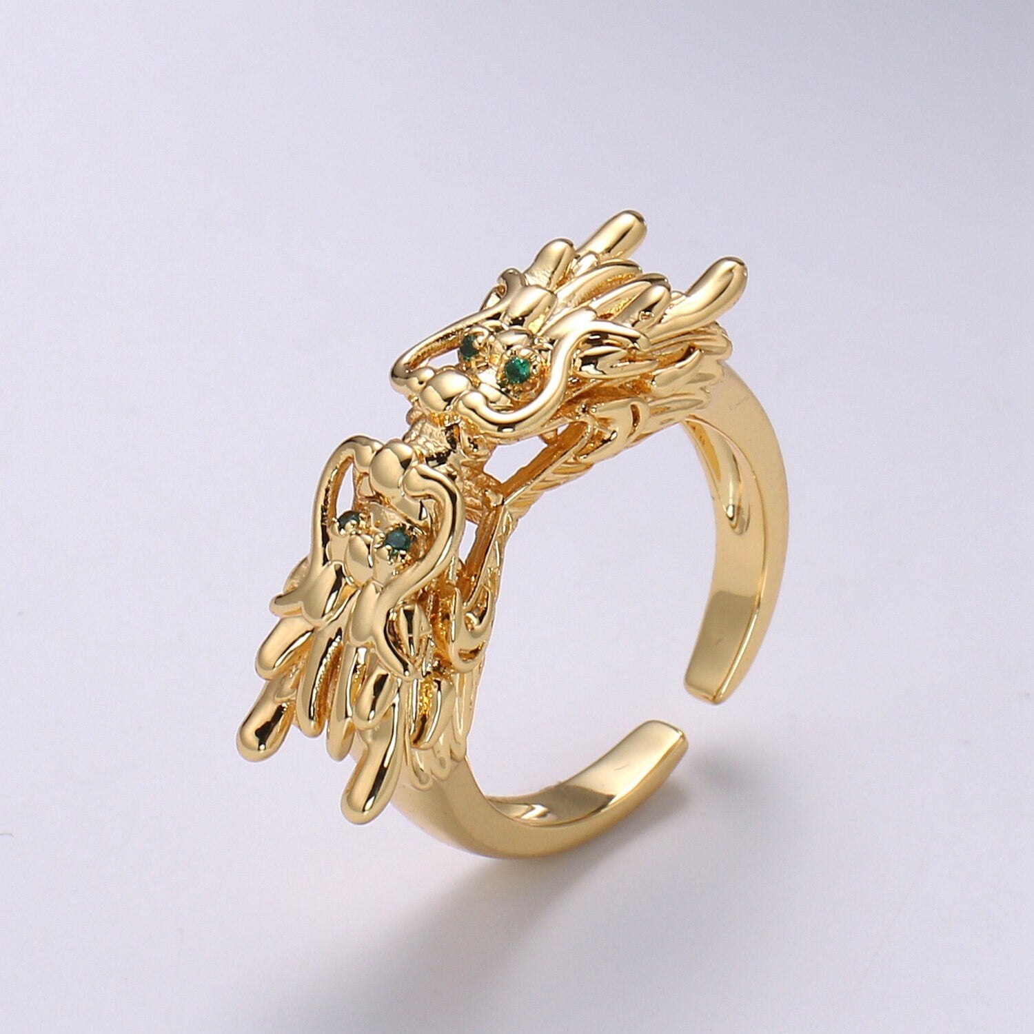 1pc Twin Dragon CZ Pave Gold Ring, Green Eye Dragon Adjustable Gold Ring, Bold Animal Ring, R-435