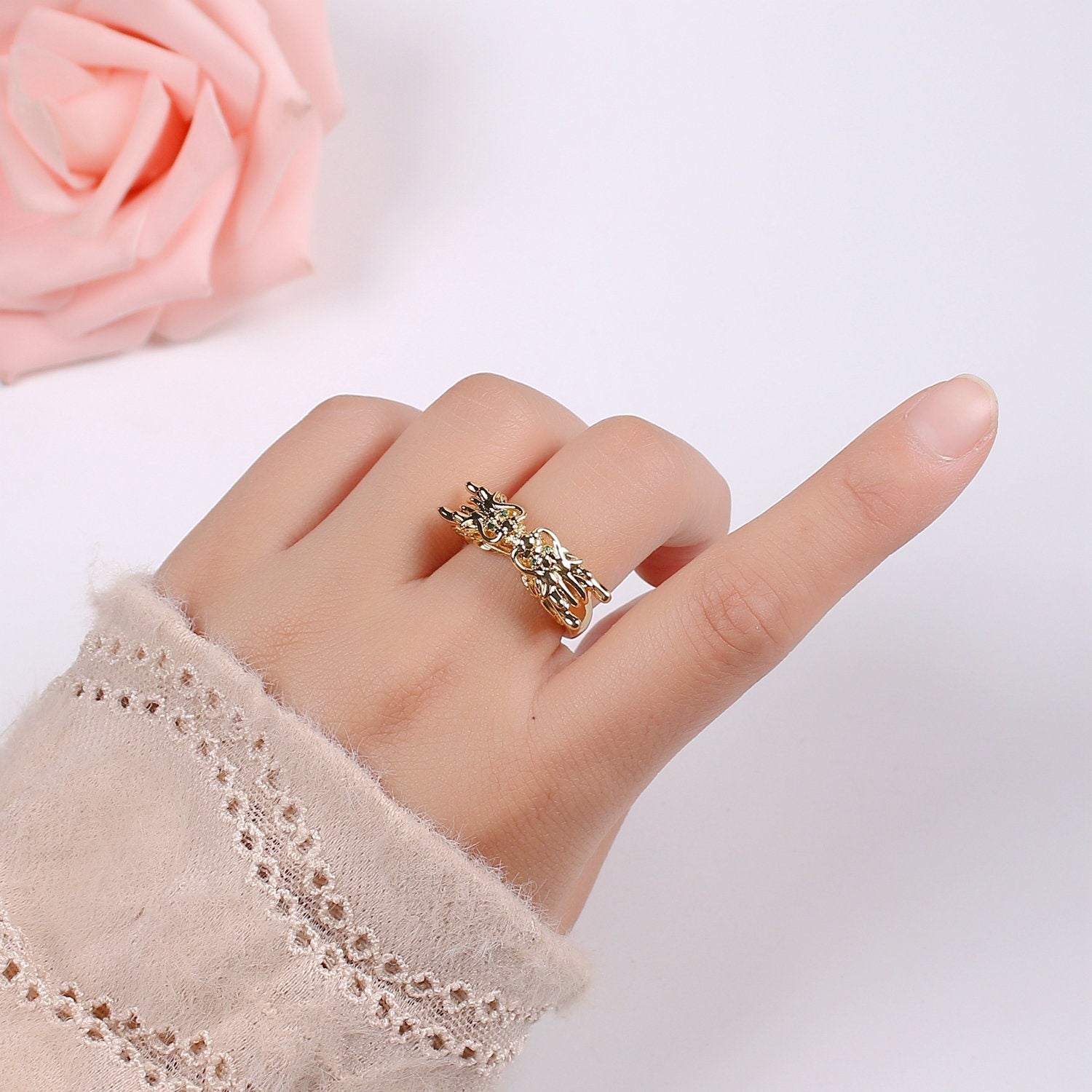 1pc Twin Dragon CZ Pave Gold Ring, Green Eye Dragon Adjustable Gold Ring, Bold Animal Ring, R-435