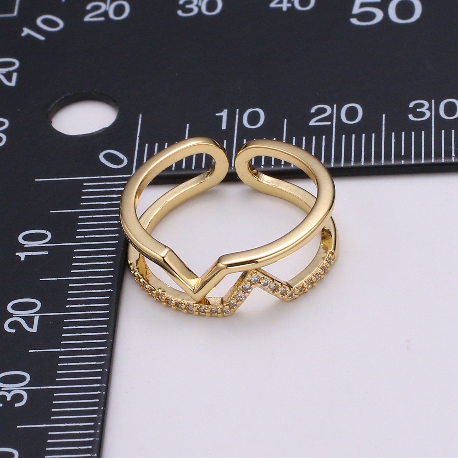 Chevron Open Ring, Dual Band Ring Adjustable Ring Cubic Pave 24K Gold Plated Ring CZ Pendant Double Ring, Dainty ring Charm, R-436