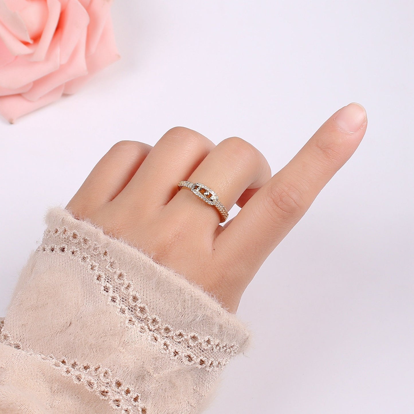 1pc Triple Solitaire CZ 24K Gold Ring, Adjustable Gold Curb Ring, Simple Ring, Clear Cubic Zirconia Ring- R-442