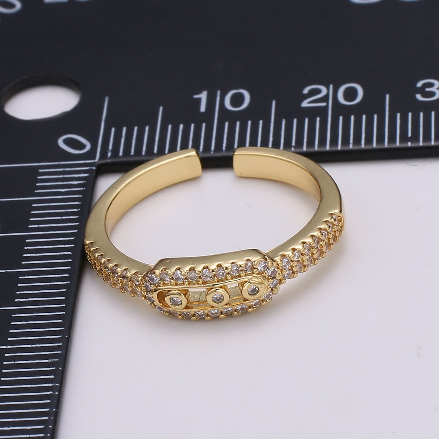 1pc Triple Solitaire CZ 24K Gold Ring, Adjustable Gold Curb Ring, Simple Ring, Clear Cubic Zirconia Ring- R-442
