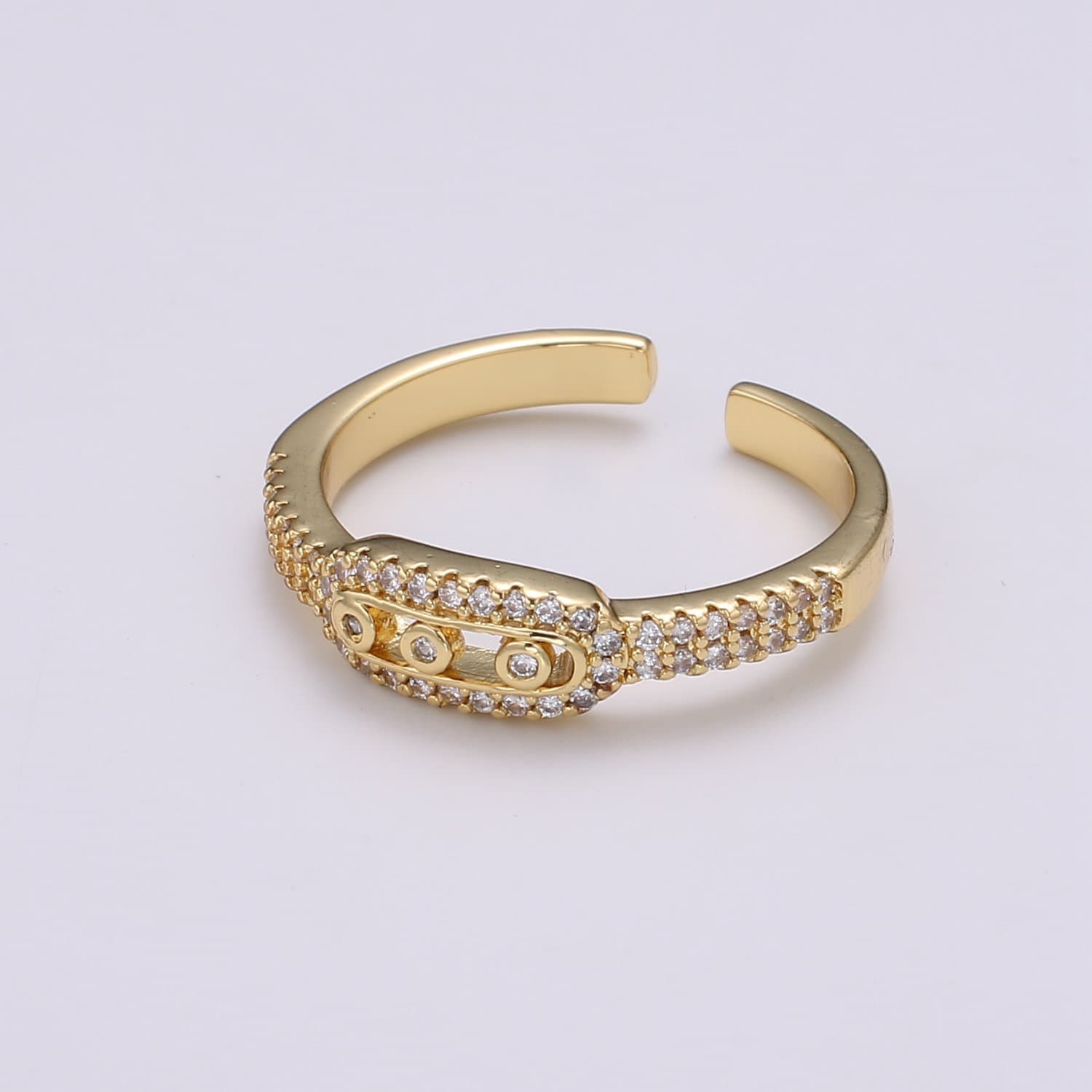 1pc Triple Solitaire CZ 24K Gold Ring, Adjustable Gold Curb Ring, Simple Ring, Clear Cubic Zirconia Ring- R-442