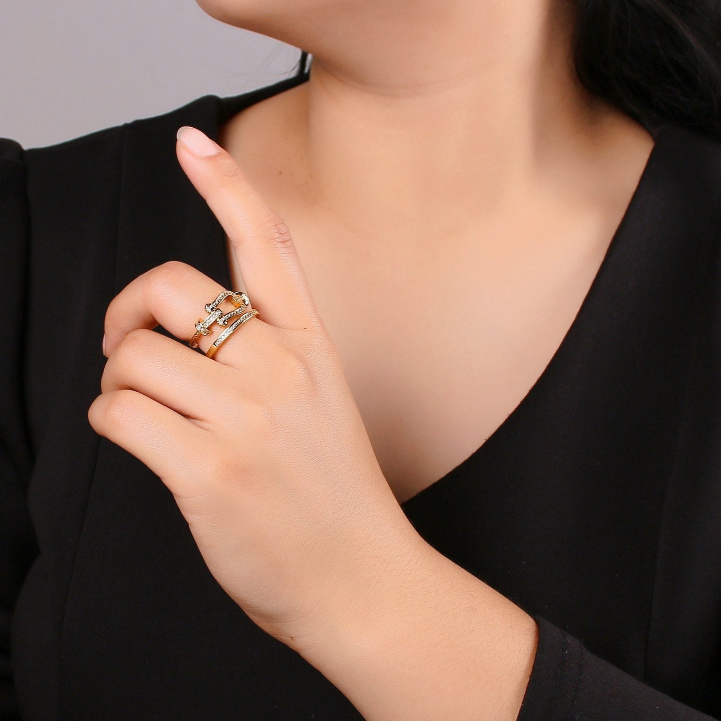 1pc Horse Shoe Gold Ring, Adjustable Gold CurbCZ Pave Ring, Simple Infinity Ring, The Forest Ring- R-188
