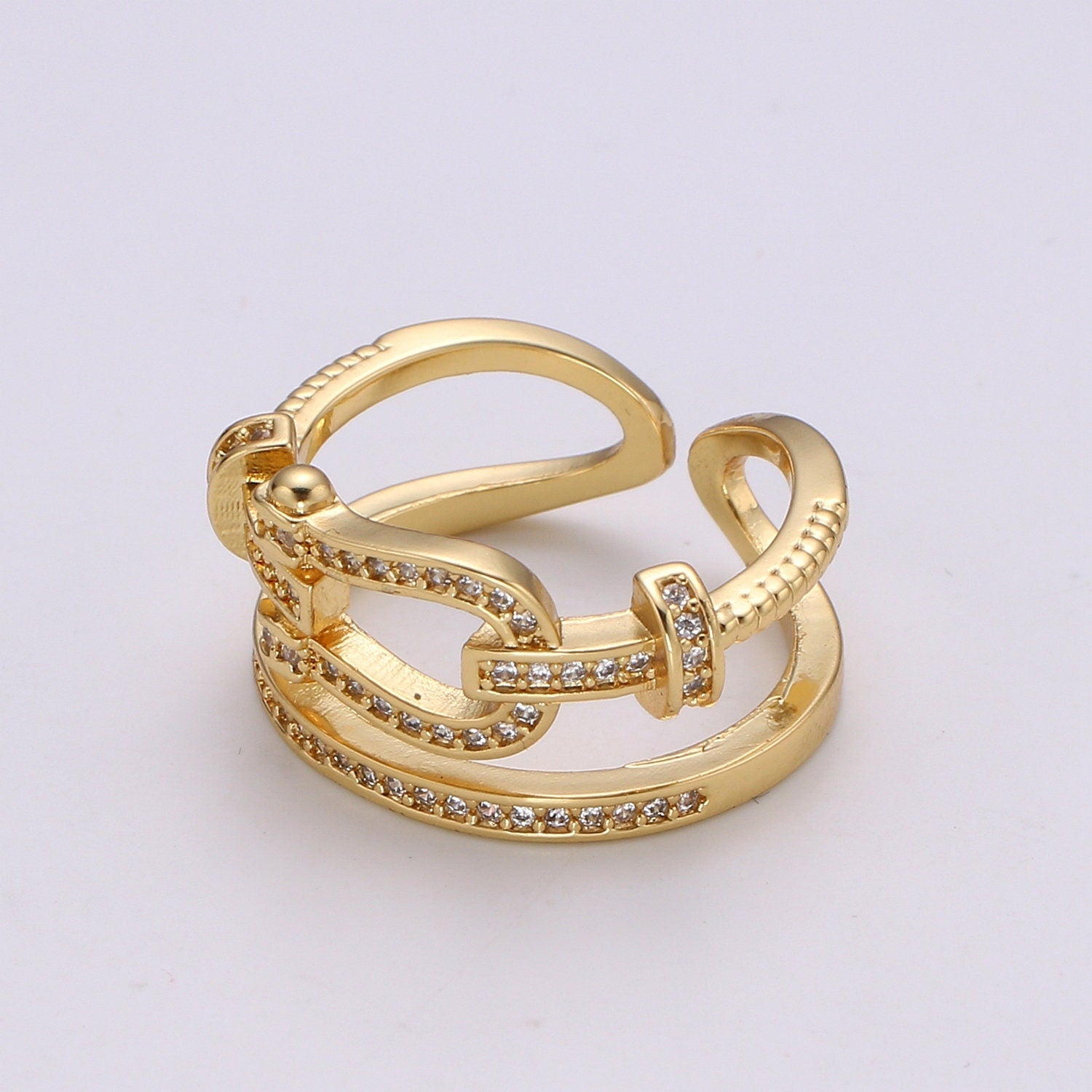 1pc Horse Shoe Gold Ring, Adjustable Gold CurbCZ Pave Ring, Simple Infinity Ring, The Forest Ring- R-188