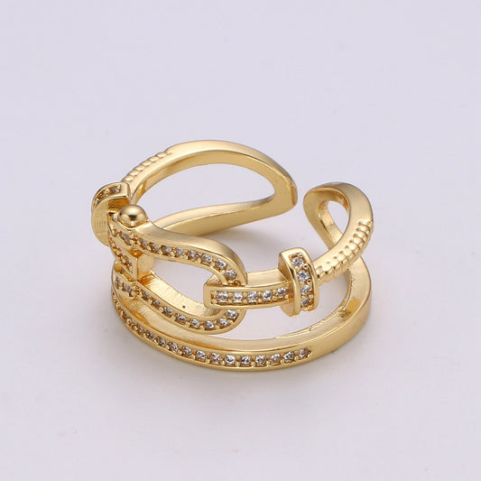 1pc Horse Shoe Gold Ring, Adjustable Gold CurbCZ Pave Ring, Simple Infinity Ring, The Forest Ring- R-188