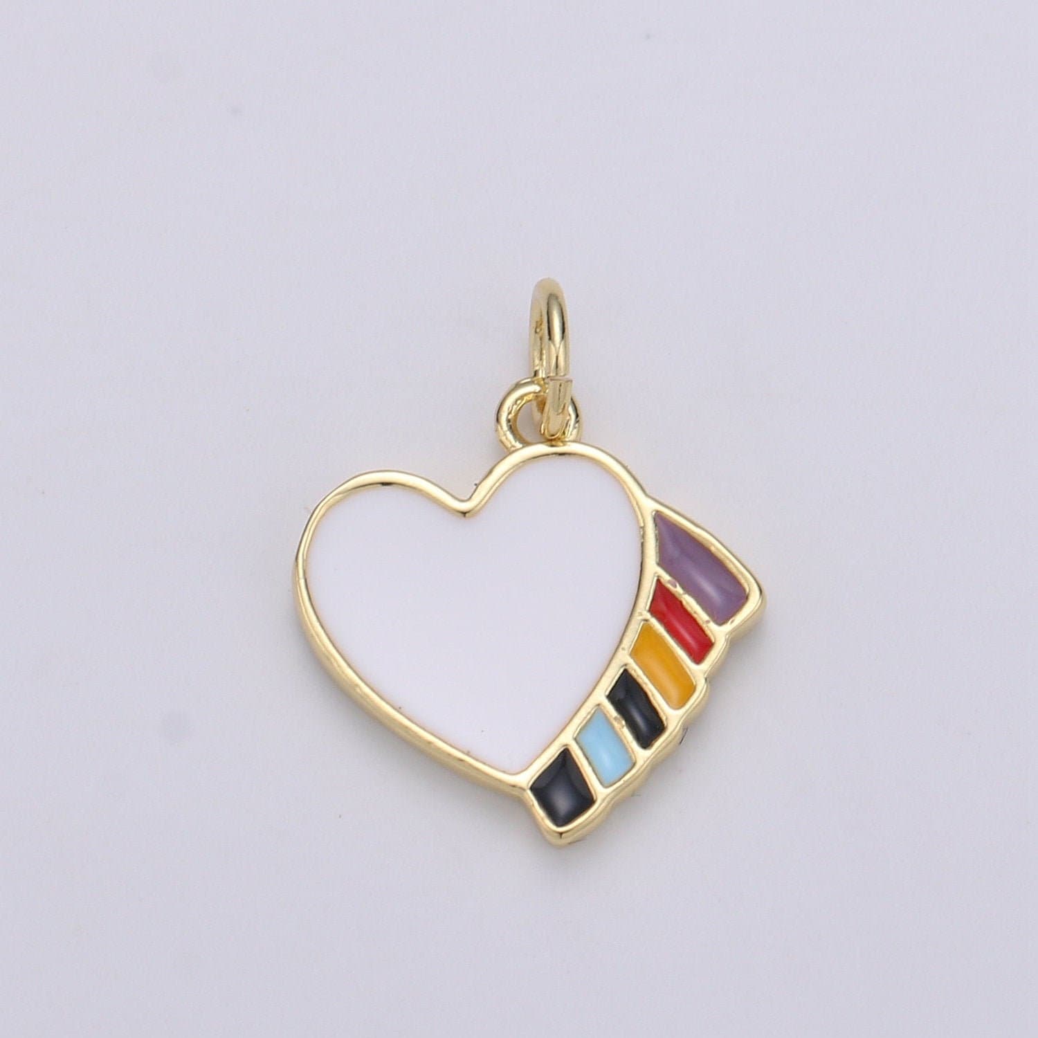 1Pc Gold White Enamel Heart Charms, Colorful Ribbons in Golden Palette Charm Medallion for Necklace, Paint my Heart DIY craft, 1783