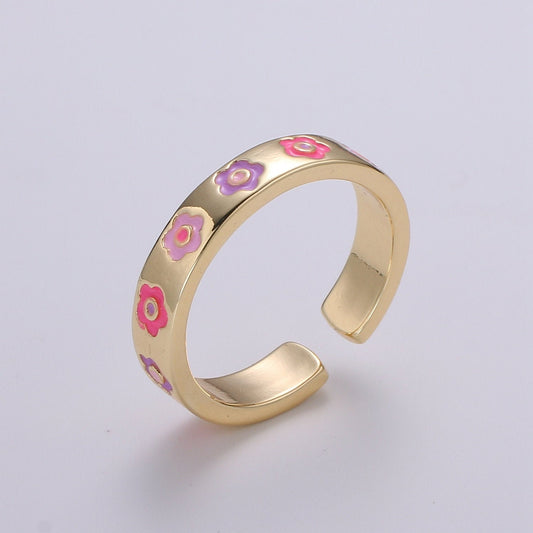 1pc Dainty Flower 18k Gold Plated Ring, Enamel Daisy Adjustable Gold Ring, Simple Ring,Circle Ring- 374