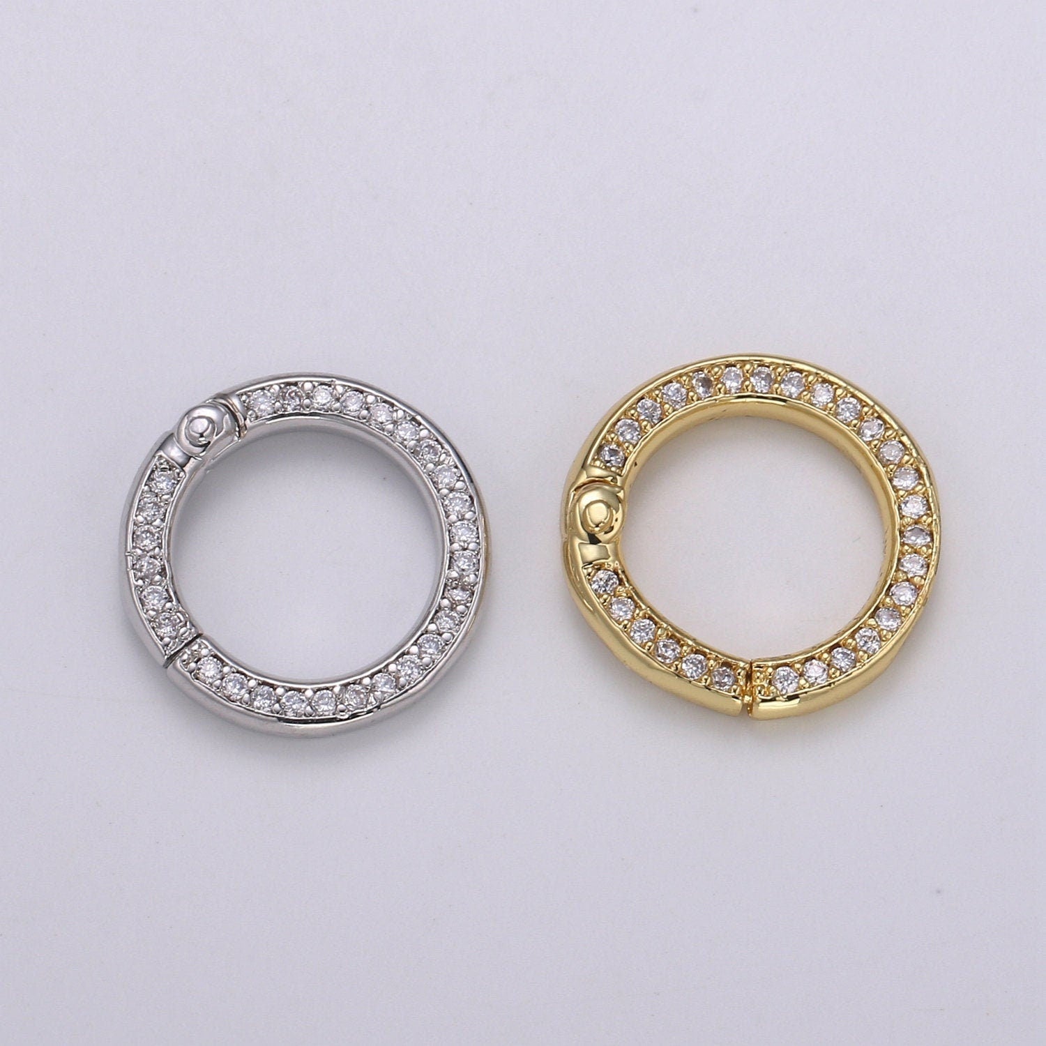 1 pc Double Sided CZ Pave Gold Spring Gate Ring, 15 mm Push Gate ring, Charm Holder Clasp for Connector, Wristlet Holder K103, K104