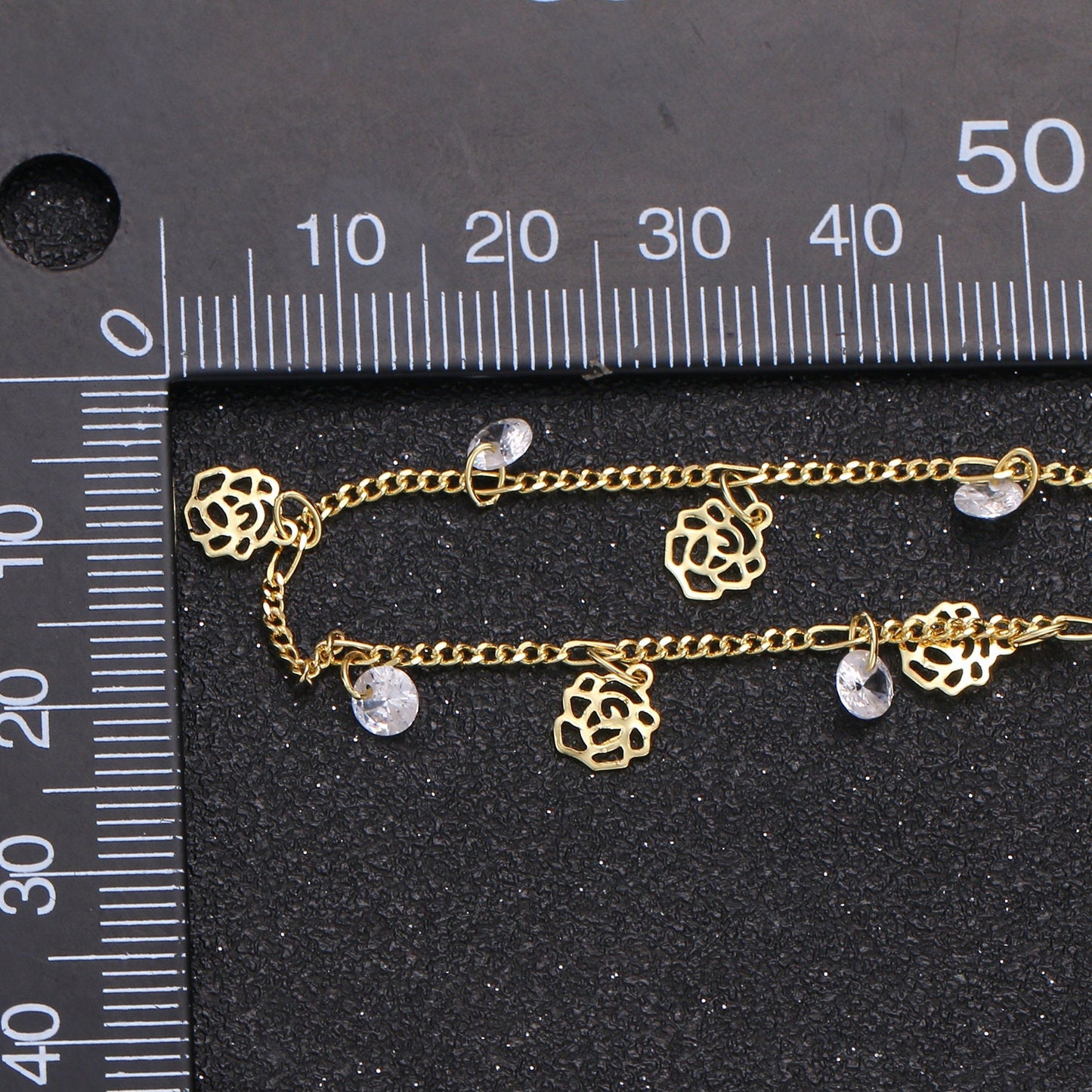 Rose Petal 24K Gold Cubic Chain by Yard, Polaris 4mm CZ Charm Specialty Link Chain , Rose 6mm in dia. Chain 0.7mm Thick,Roll-322