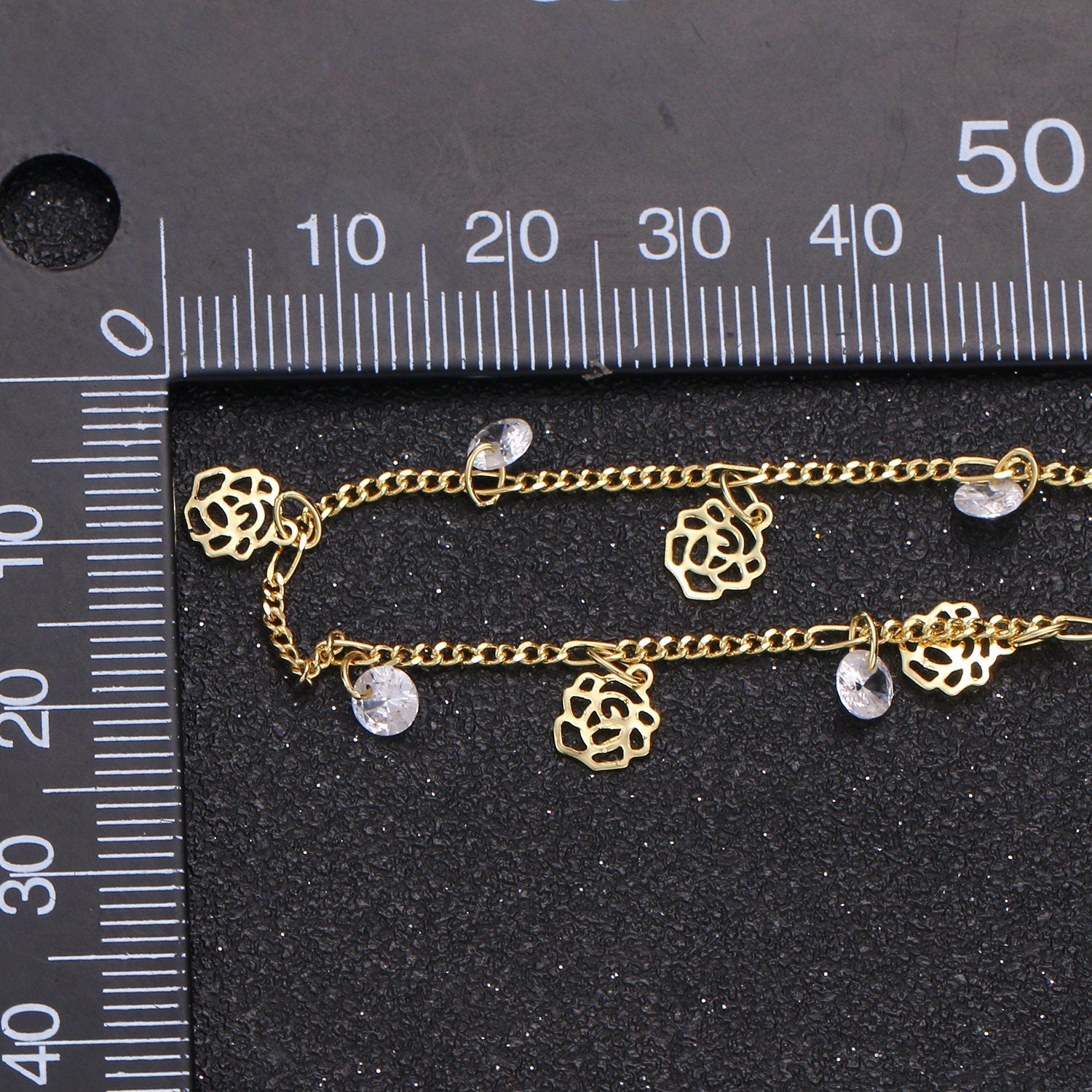 Rose Petal 24K Gold Cubic Chain by Yard, Polaris 4mm CZ Charm Specialty Link Chain , Rose 6mm in dia. Chain 0.7mm Thick,Roll-322