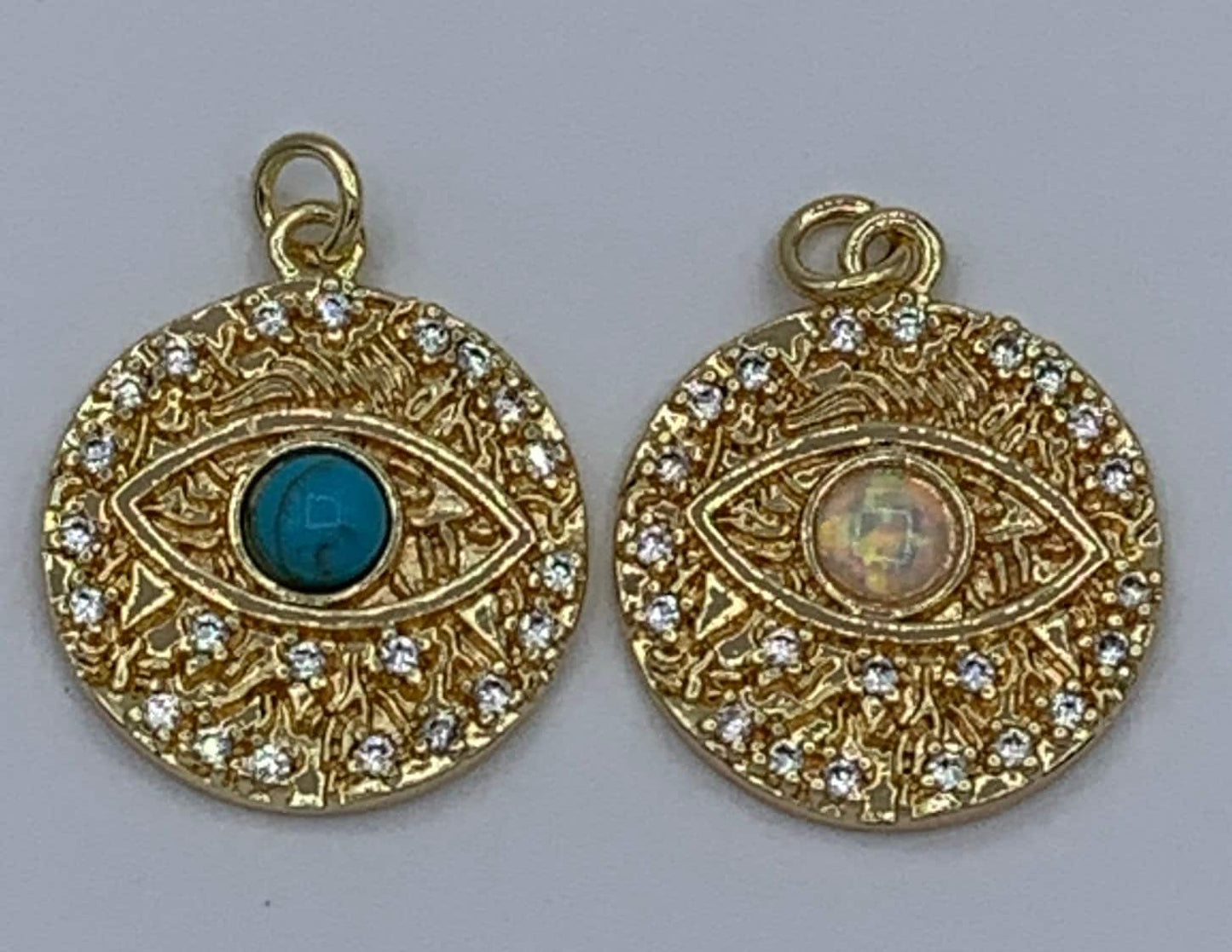 1Pcs Micro Pave Gold Evil Eye White or Blue Opal Charm 24K Round Disc Charm for Necklace Earring Bracelet Component, chgf-706