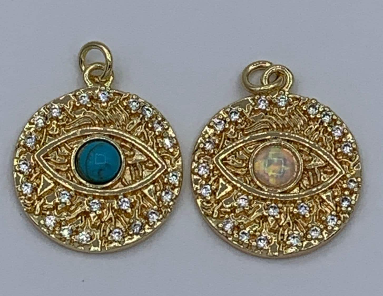 1Pcs Micro Pave Gold Evil Eye White or Blue Opal Charm 24K Round Disc Charm for Necklace Earring Bracelet Component, chgf-706