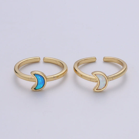 1pc 24K Gold Opal Simulated Ring,Cresent Moon Opal Lab Pendant Charm Ring, Solitaire White Opal Lab Celestial Design Band Jewelry R-403