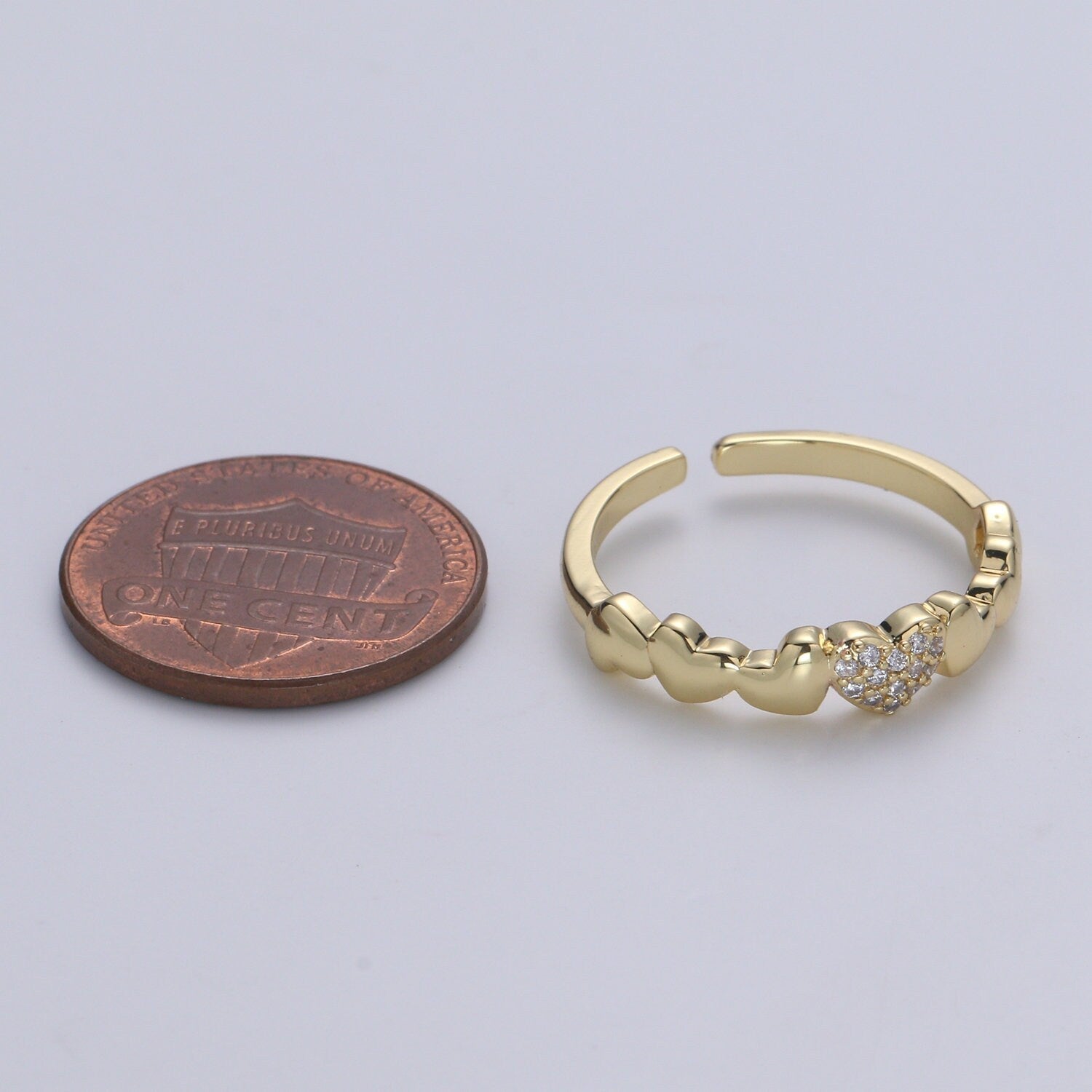 1pc Hearts 14K Gold Ring, Adjustable Gold Curb Ring, Simple CZ Love Ring, Tender Care Cubic Ring. 390