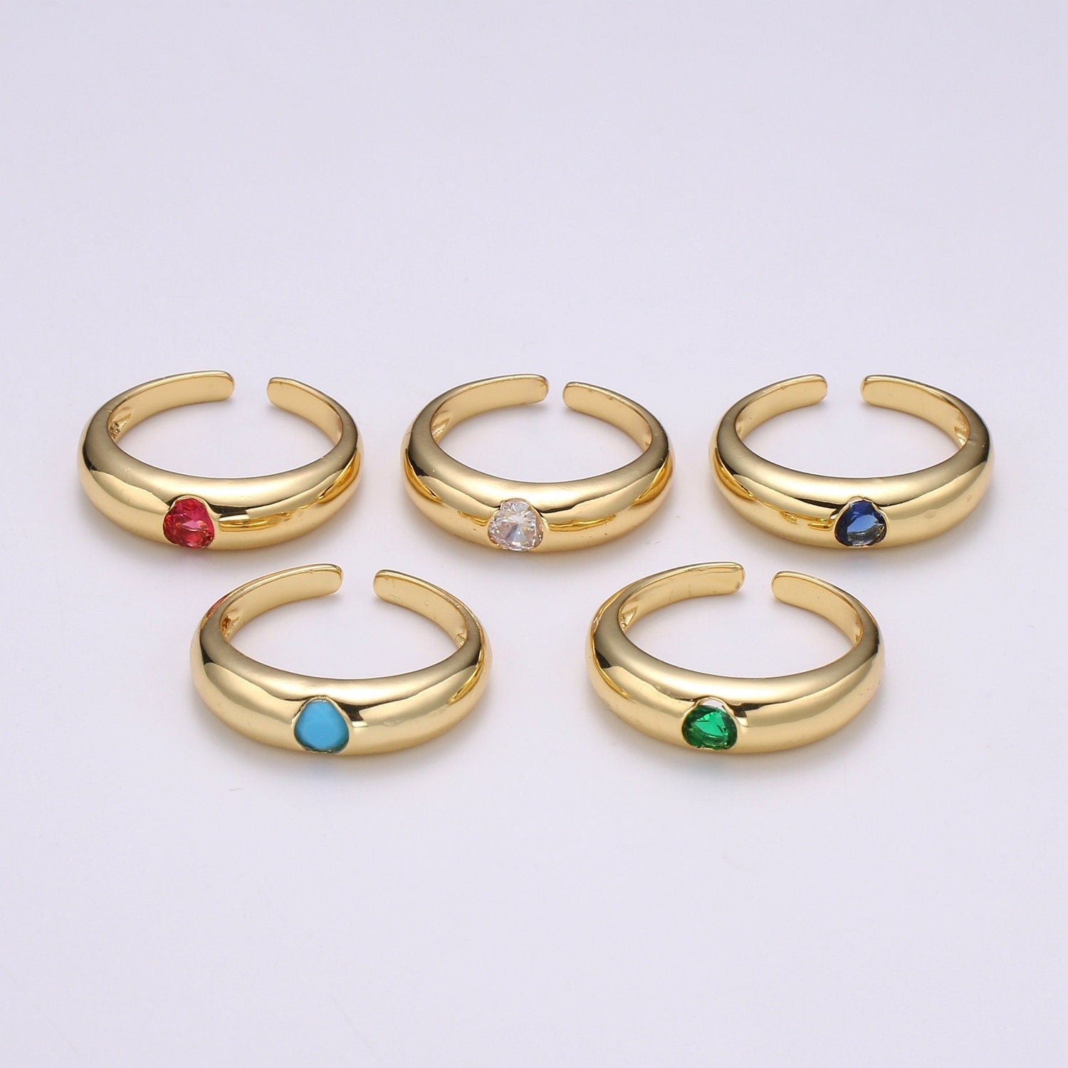 1pc Solitaire Blue,Clear,Red, Green & Teal CZ 24K Gold Ring, Cubic Adjustable Gold Band Ring, Simple Ring, Cubic Zirconia Ring- 360