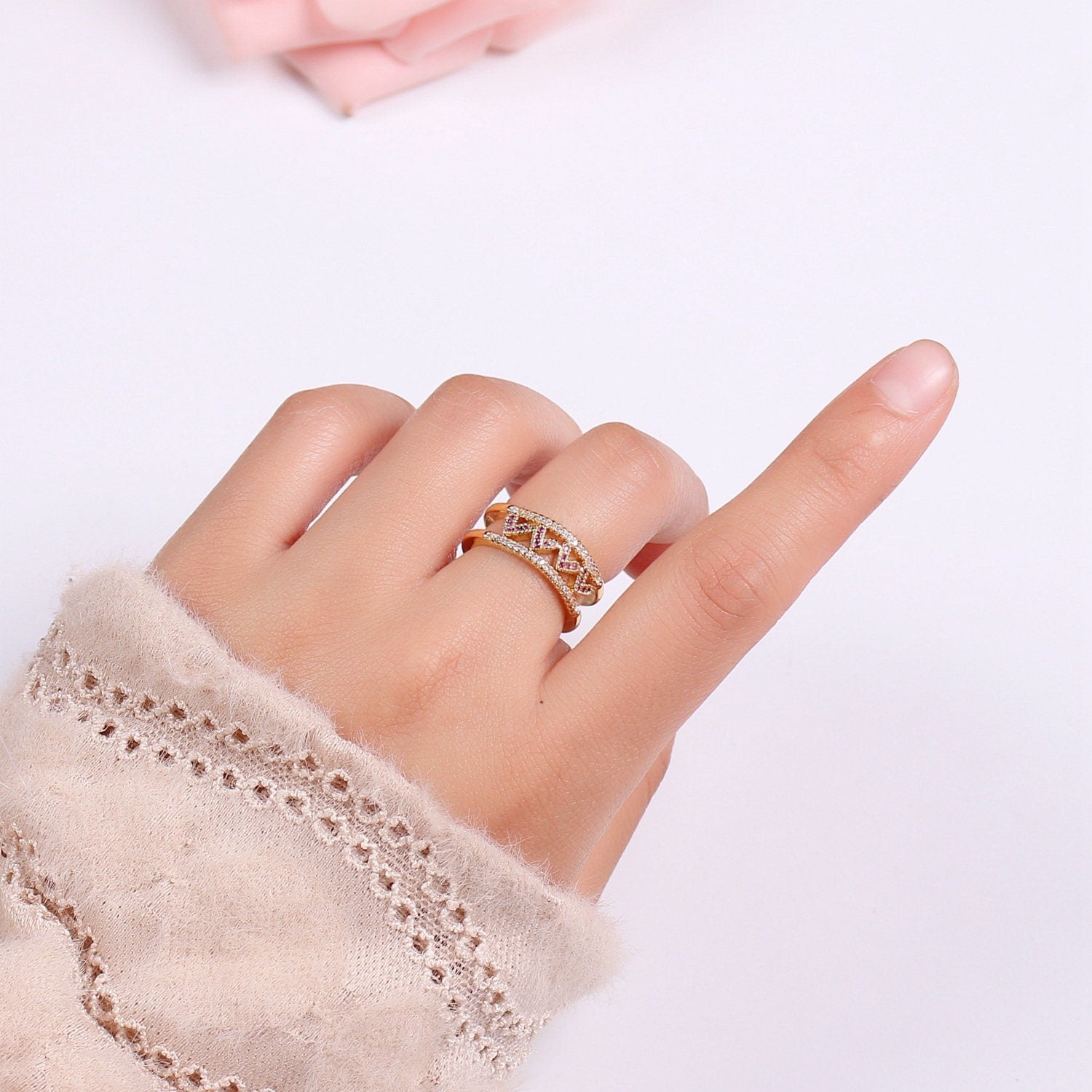 1pc Love of my Heart CZ Pave 24K Gold Ring, Adjustable Gold Curb Ring, Simple double rows of Cubic Ring, Eternity Ring, R-462