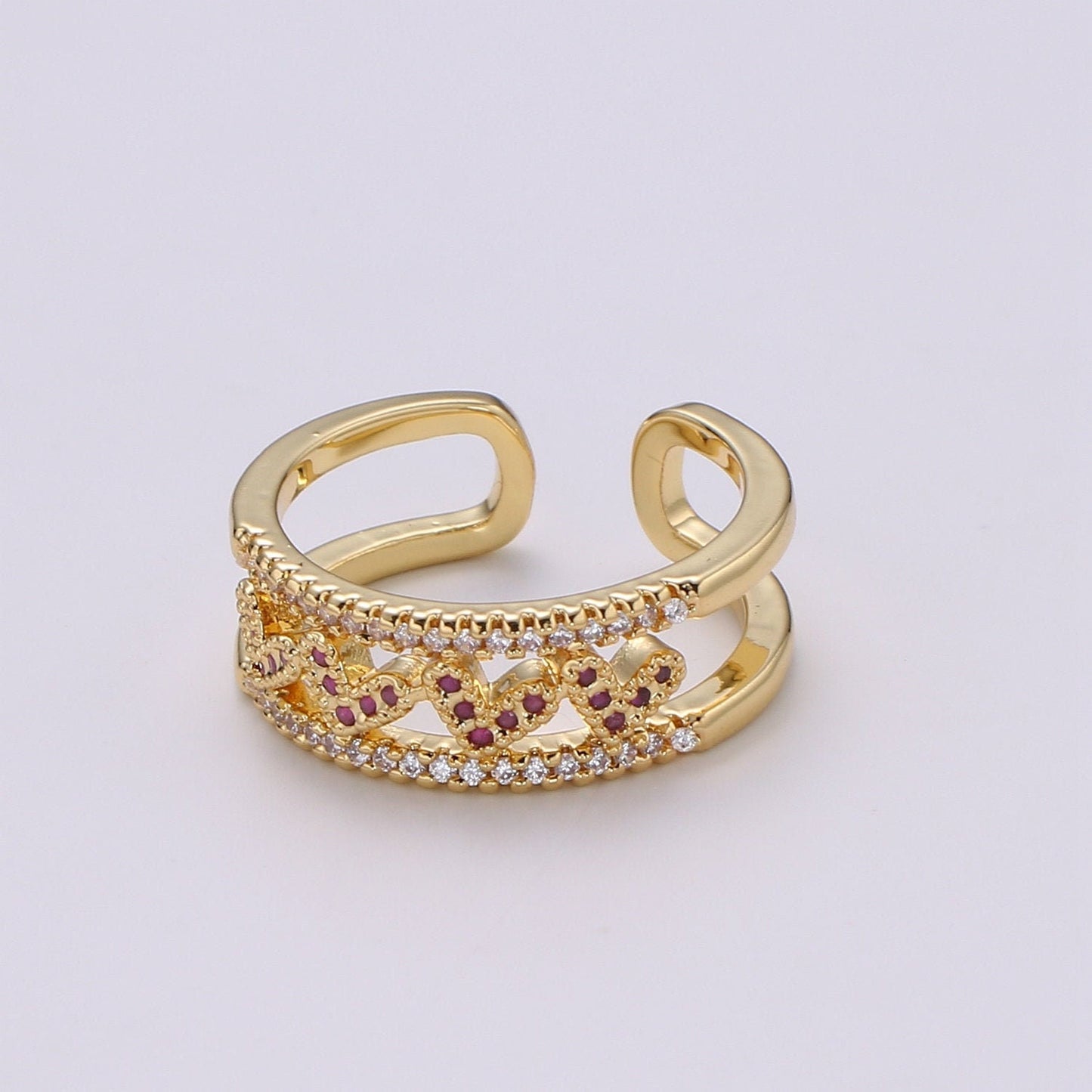 1pc Love of my Heart CZ Pave 24K Gold Ring, Adjustable Gold Curb Ring, Simple double rows of Cubic Ring, Eternity Ring, R-462