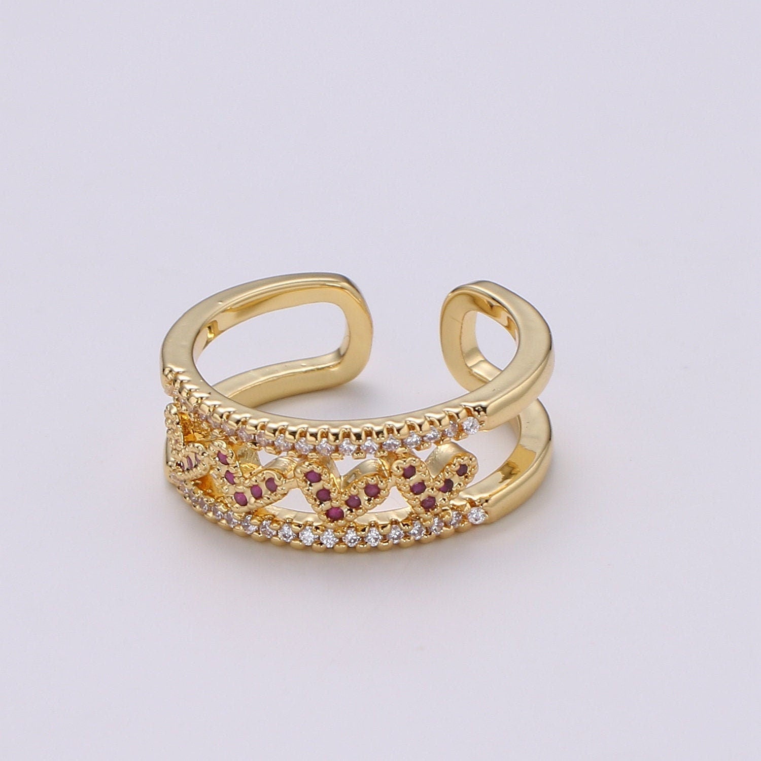 1pc Love of my Heart CZ Pave 24K Gold Ring, Adjustable Gold Curb Ring, Simple double rows of Cubic Ring, Eternity Ring, R-462