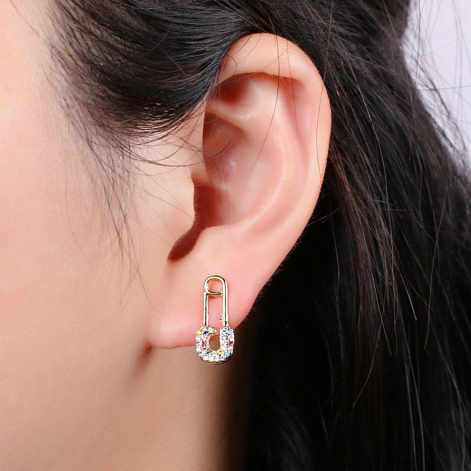 Safety Pin Earring 24K Gold Multi Color Pave Cz Stud Earring, Chunky Stud Design Earring, , EARR-1383