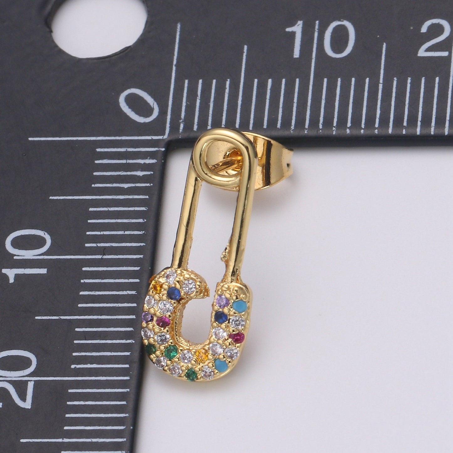 Safety Pin Earring 24K Gold Multi Color Pave Cz Stud Earring, Chunky Stud Design Earring, , EARR-1383