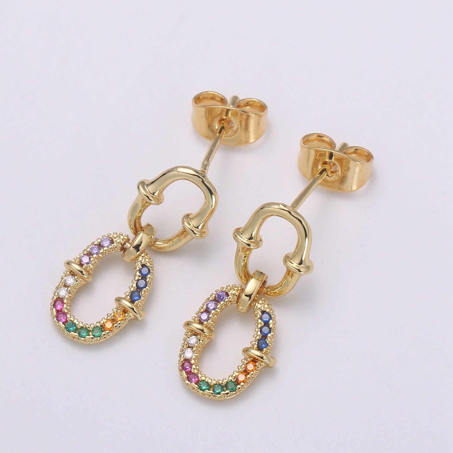 Double Eternity Design 24K Gold Multi Color Pave Cz Stud Earring, Simplicity Rolo Metro Design Earring, , Q-540