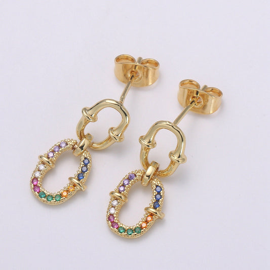 Double Eternity Design 24K Gold Multi Color Pave Cz Stud Earring, Simplicity Rolo Metro Design Earring, , Q-540