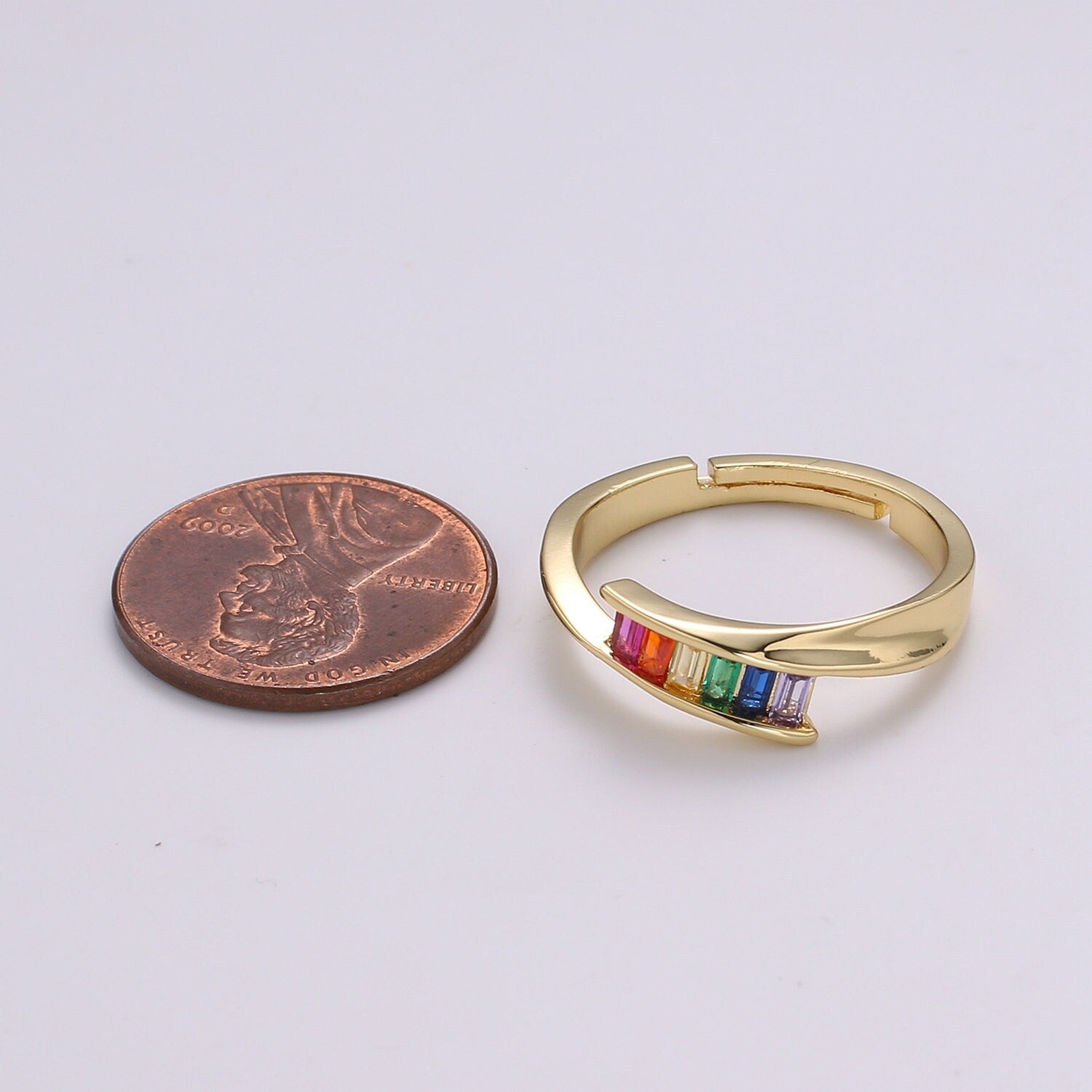 Dainty Rainbow Baguette Ring - Colorful Ring - Multicolor Stone Ring - Rainbow Jewelry - Stacking Ring Adjustable Ring US Size 7.5