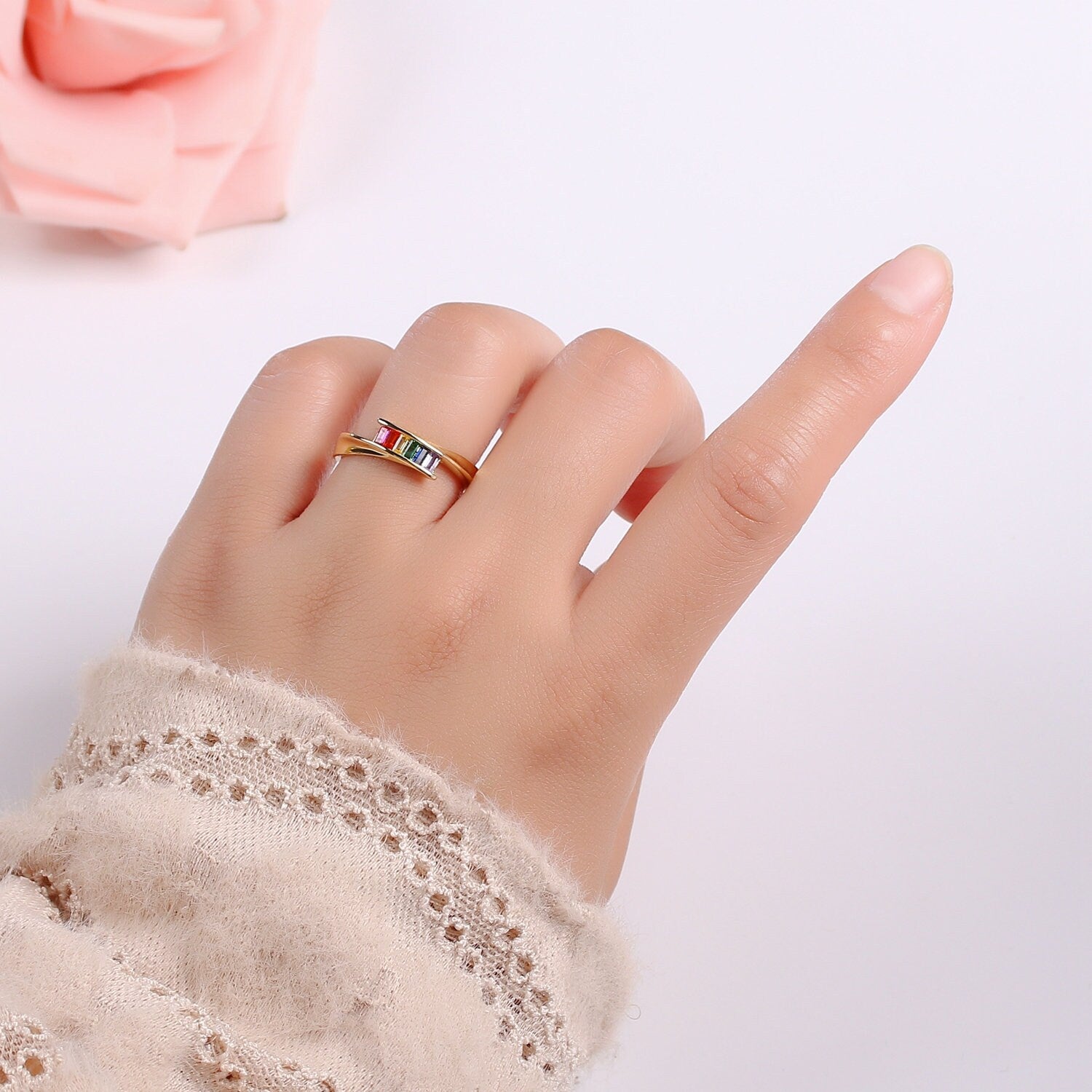 Dainty Rainbow Baguette Ring - Colorful Ring - Multicolor Stone Ring - Rainbow Jewelry - Stacking Ring Adjustable Ring US Size 7.5