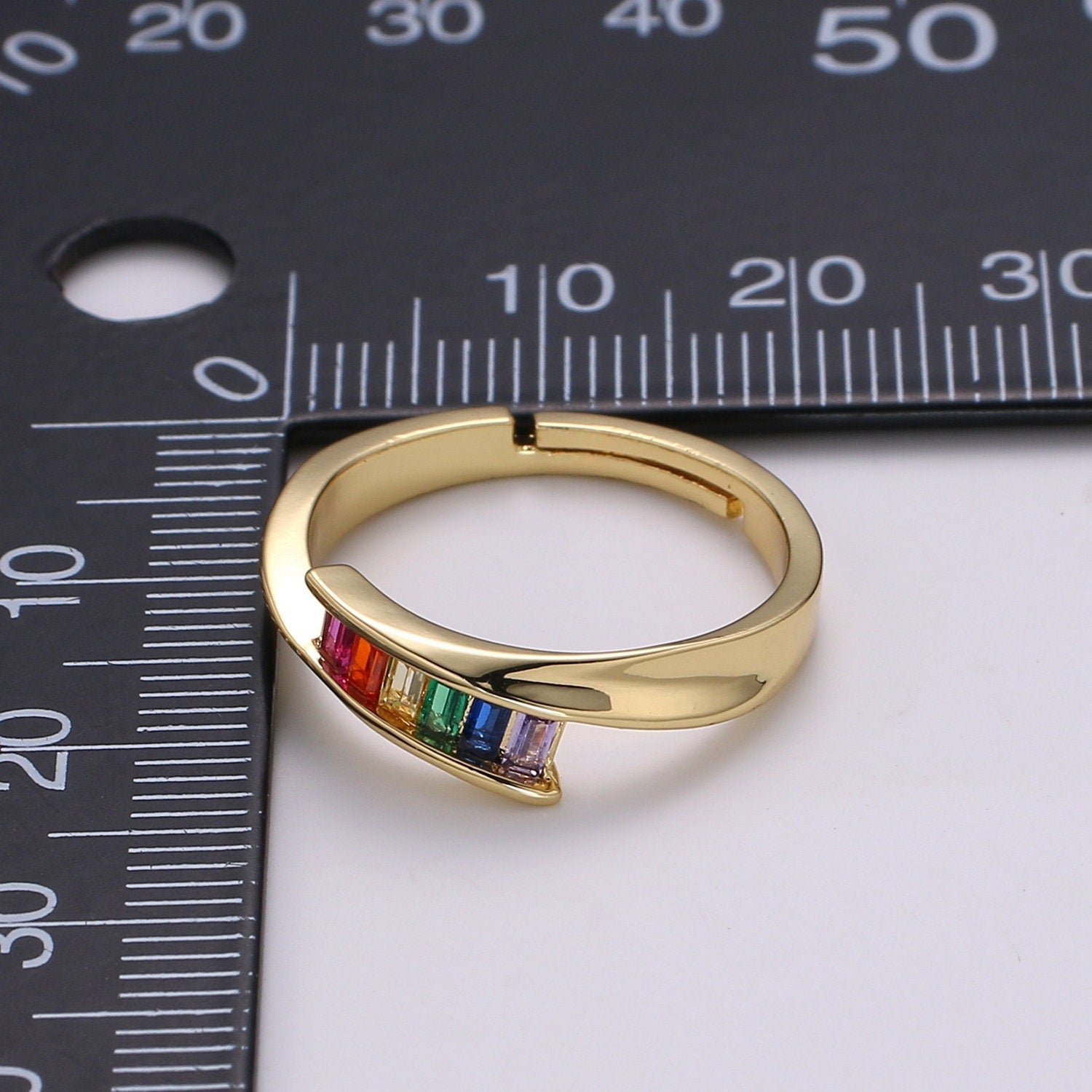 Dainty Rainbow Baguette Ring - Colorful Ring - Multicolor Stone Ring - Rainbow Jewelry - Stacking Ring Adjustable Ring US Size 7.5