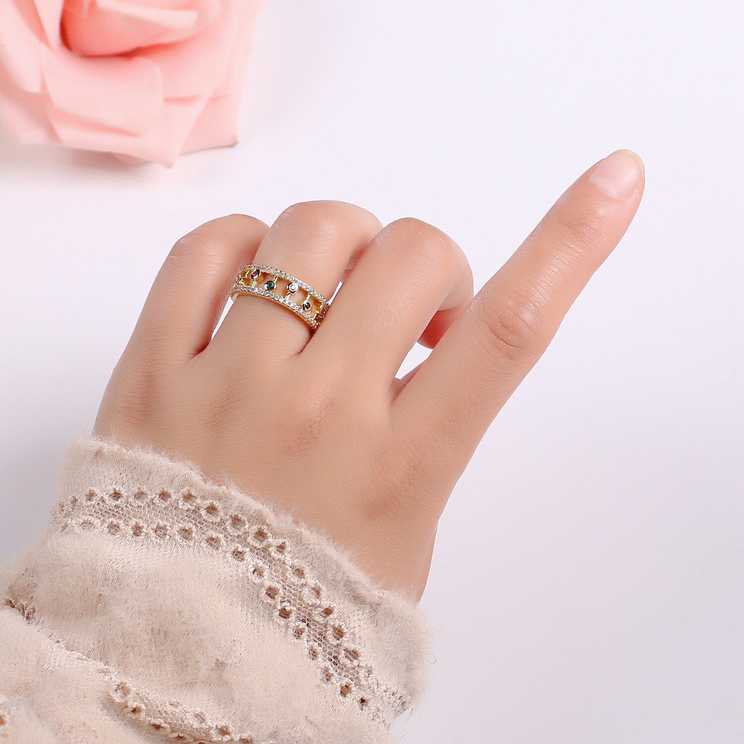 Adjustable double band ring, statement ring, dainty gold ring, gold Cubic Colorful ring for stackable jewelry US Size 6