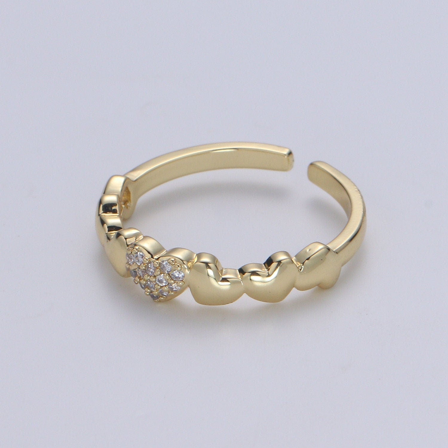 1pc Hearts 14K Gold Ring, Adjustable Gold Curb Ring, Simple CZ Love Ring, Tender Care Cubic Ring. 390