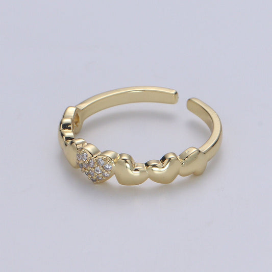 1pc Hearts 14K Gold Ring, Adjustable Gold Curb Ring, Simple CZ Love Ring, Tender Care Cubic Ring. 390