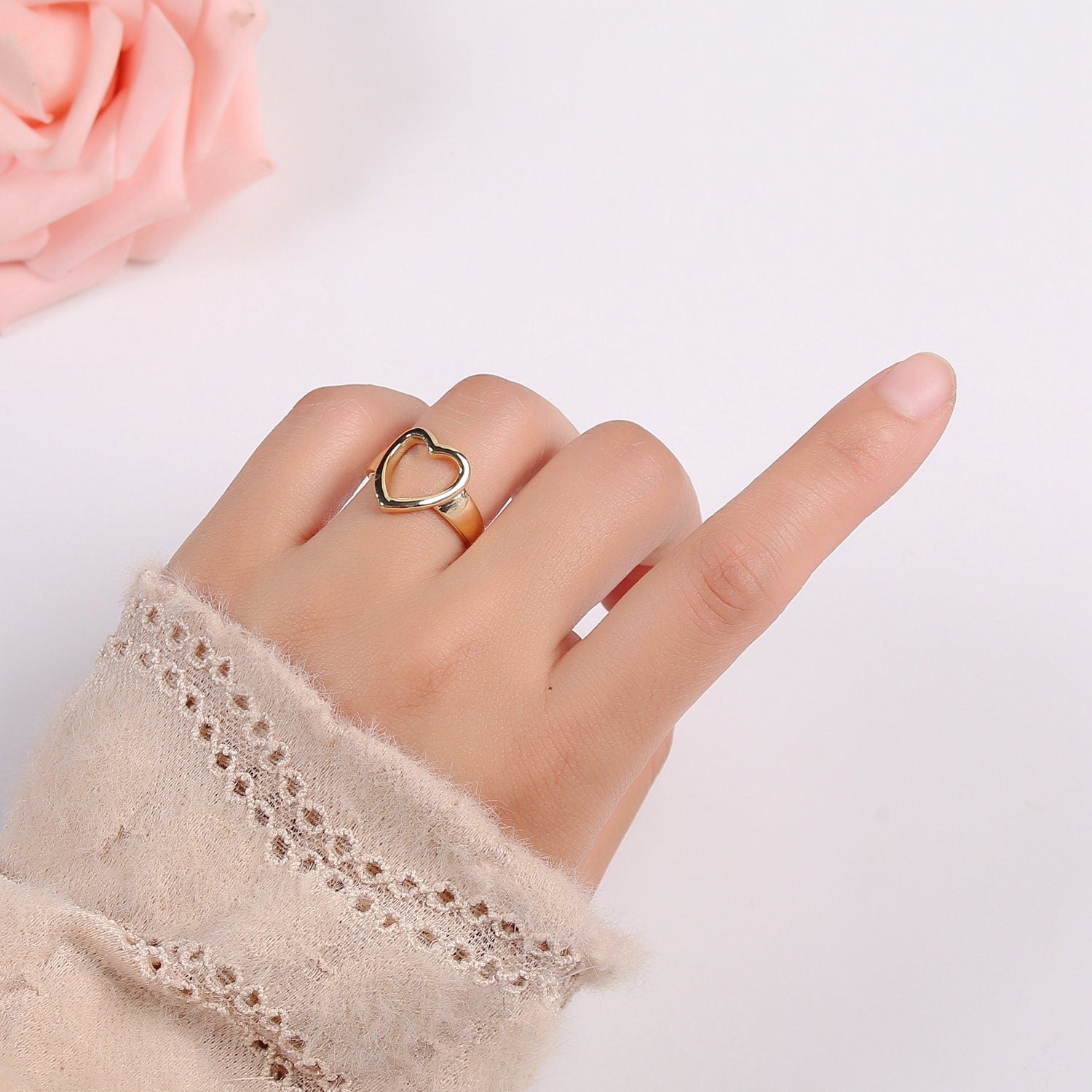 Love Gold Ring, Heart Adjustable Gold Curb Ring, Simple Ring, Love Ring,R-453