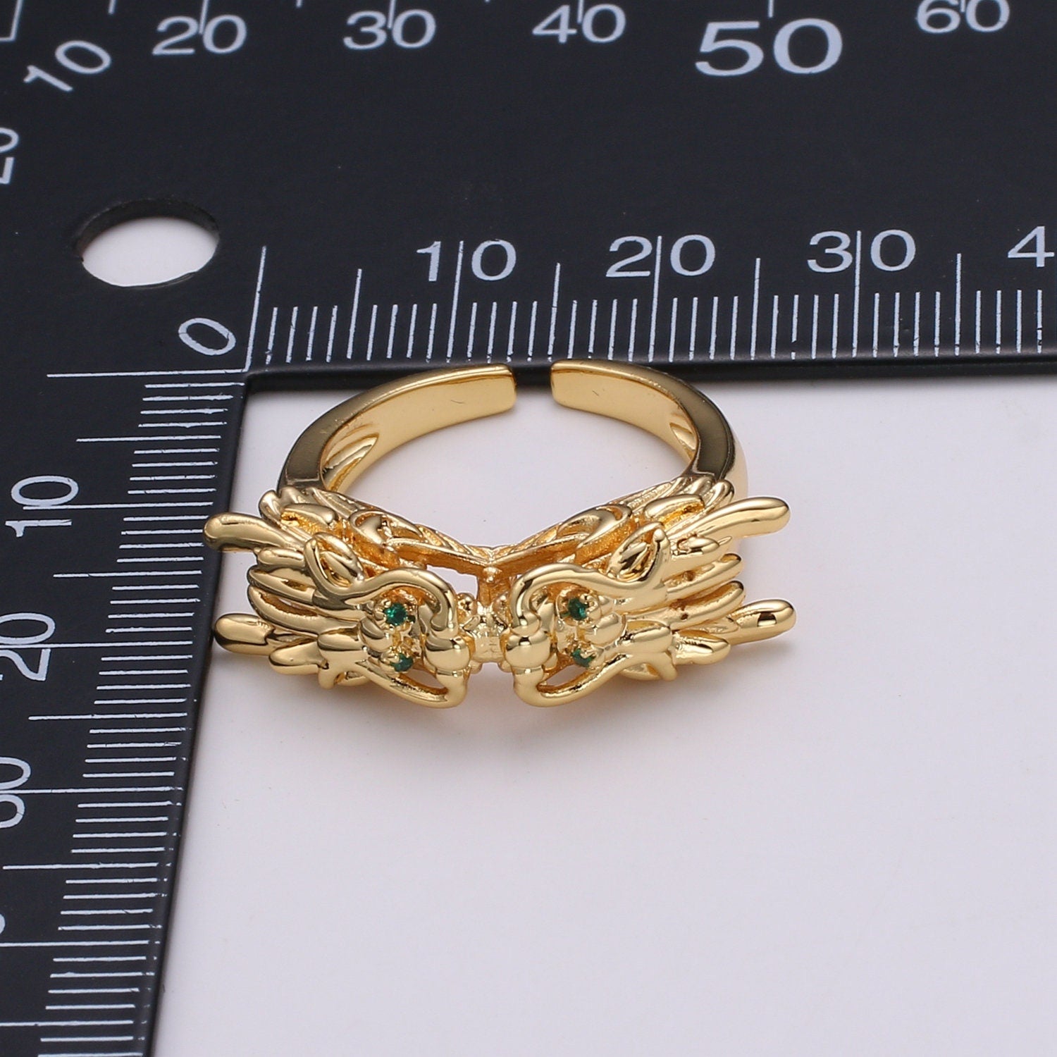 1pc Twin Dragon CZ Pave Gold Ring, Green Eye Dragon Adjustable Gold Ring, Bold Animal Ring, R-435