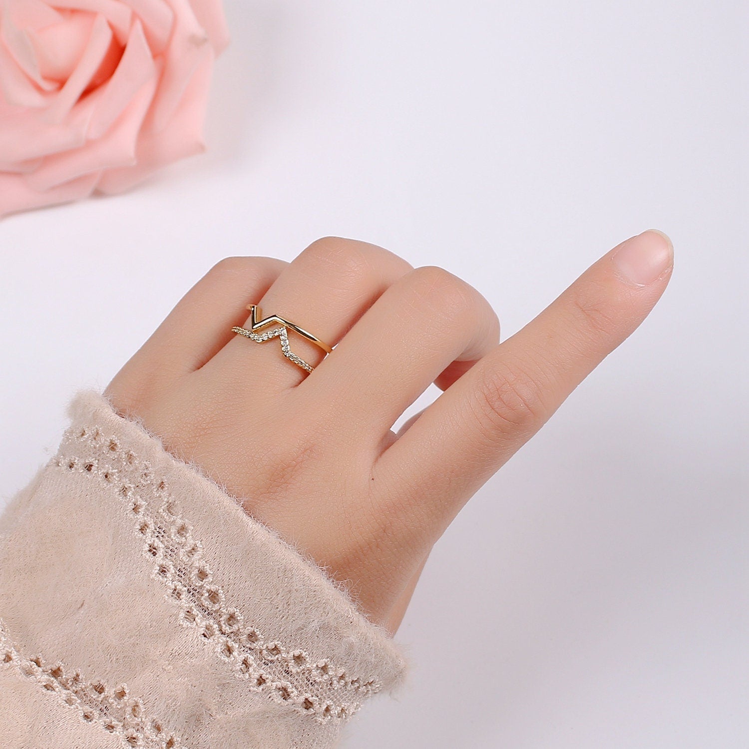 Chevron Open Ring, Dual Band Ring Adjustable Ring Cubic Pave 24K Gold Plated Ring CZ Pendant Double Ring, Dainty ring Charm, R-436
