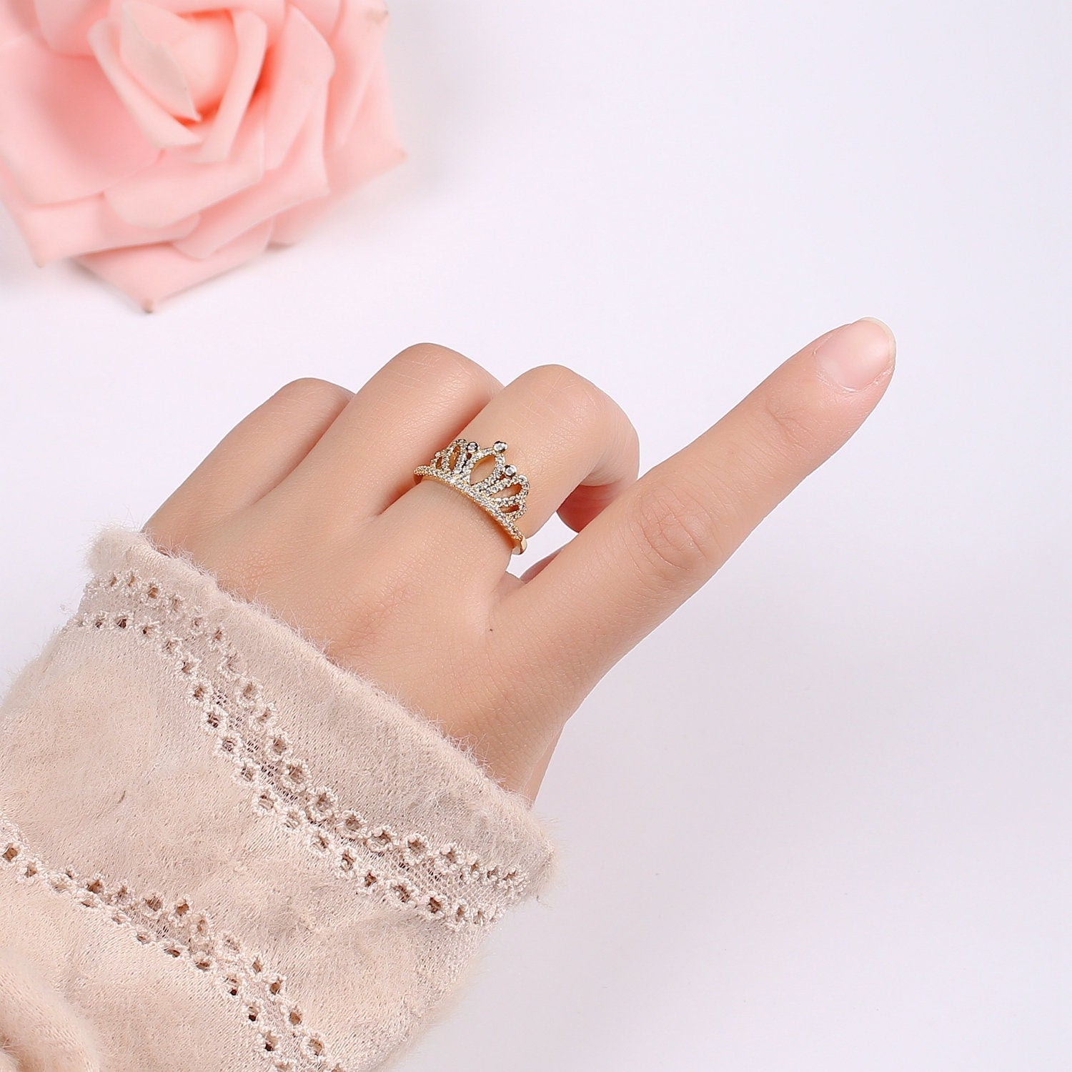 Crown Cubic Mini Pendant, Queen Cubic Pave 24K Gold Plated Charm Ring, Solitaire CZ Pendant Double Ring, Dainty ring Charm, R-440