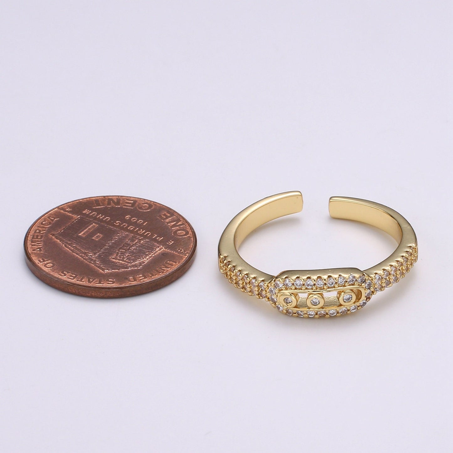 1pc Triple Solitaire CZ 24K Gold Ring, Adjustable Gold Curb Ring, Simple Ring, Clear Cubic Zirconia Ring- R-442