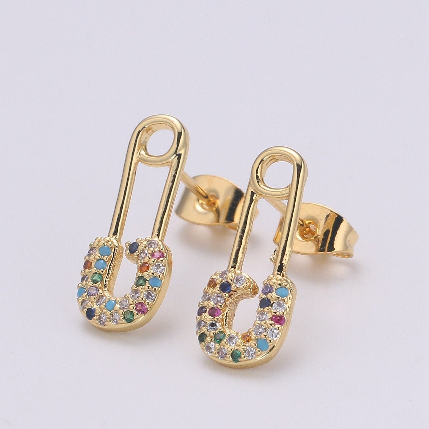 Safety Pin Earring 24K Gold Multi Color Pave Cz Stud Earring, Chunky Stud Design Earring, , EARR-1383