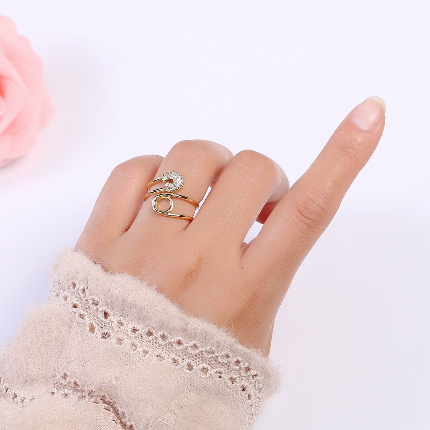 Safety pin ring Cz Swirl ring Eternity ring Eternity band Fashion ring Safety pin jewelry Gold ring Stacking ring US Size 6 Ring 0277