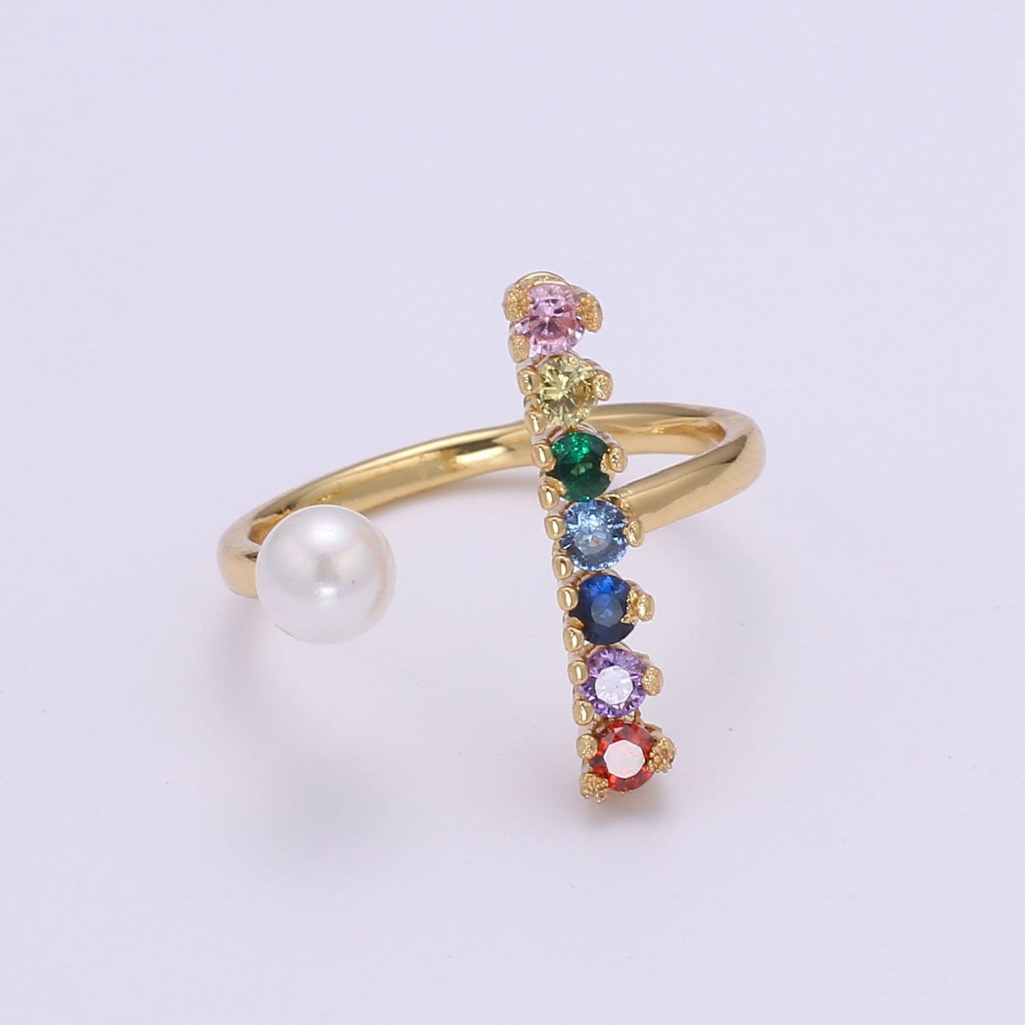 Dainty Micro Pave ring Open Adjustable Ring band Stacking ring Rainbow Gold ring Colorful Bridesmaid ring Pearl Wedding jewelry O-294