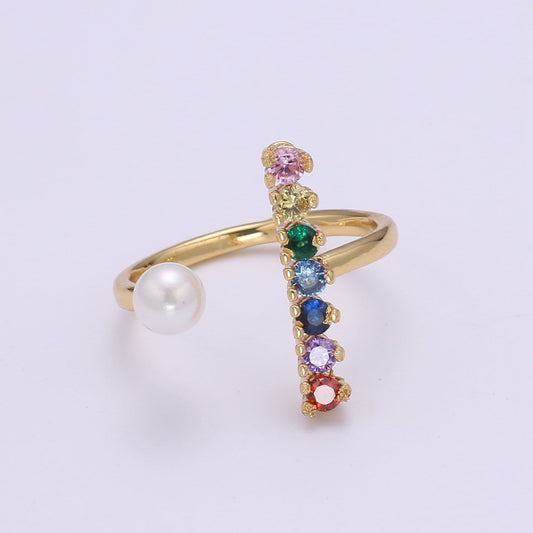Dainty Micro Pave ring Open Adjustable Ring band Stacking ring Rainbow Gold ring Colorful Bridesmaid ring Pearl Wedding jewelry O-294