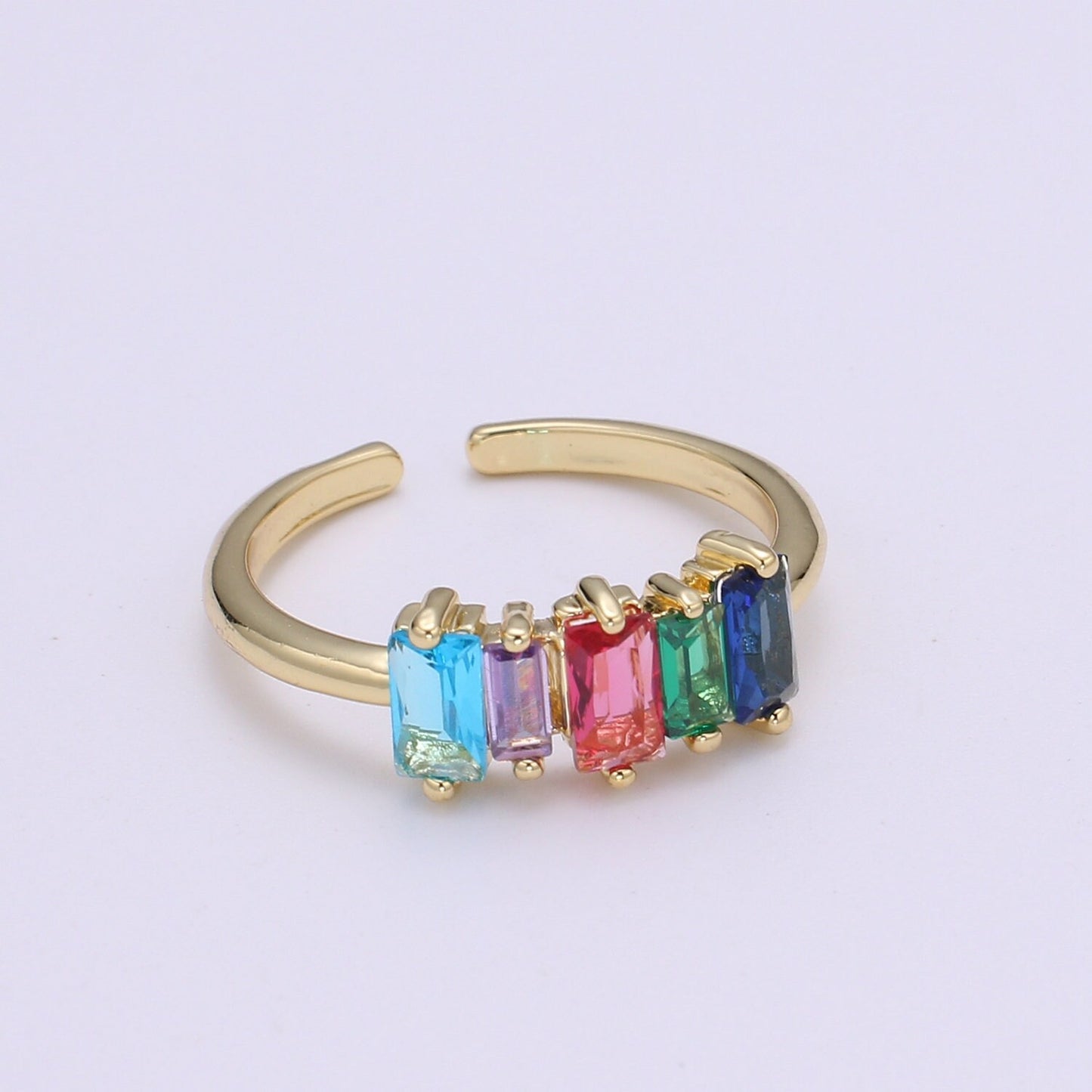 Dainty Baguette Ring, Rainbow Gold Baguette Ring, Colorful Baguette Ring, Open Adjustable Ring, EVeryday Wear Women Ring O-293