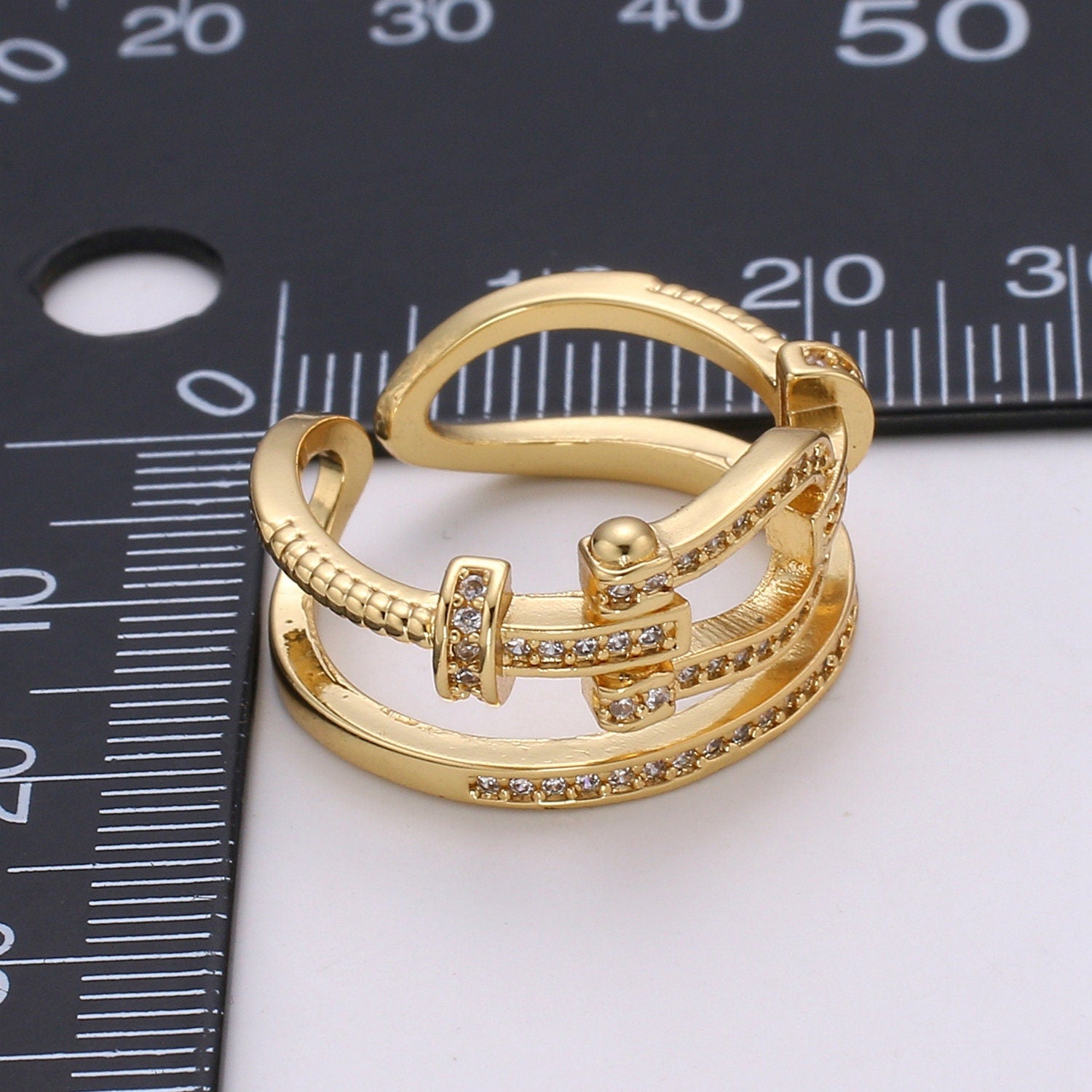 1pc Horse Shoe Gold Ring, Adjustable Gold CurbCZ Pave Ring, Simple Infinity Ring, The Forest Ring- R-188