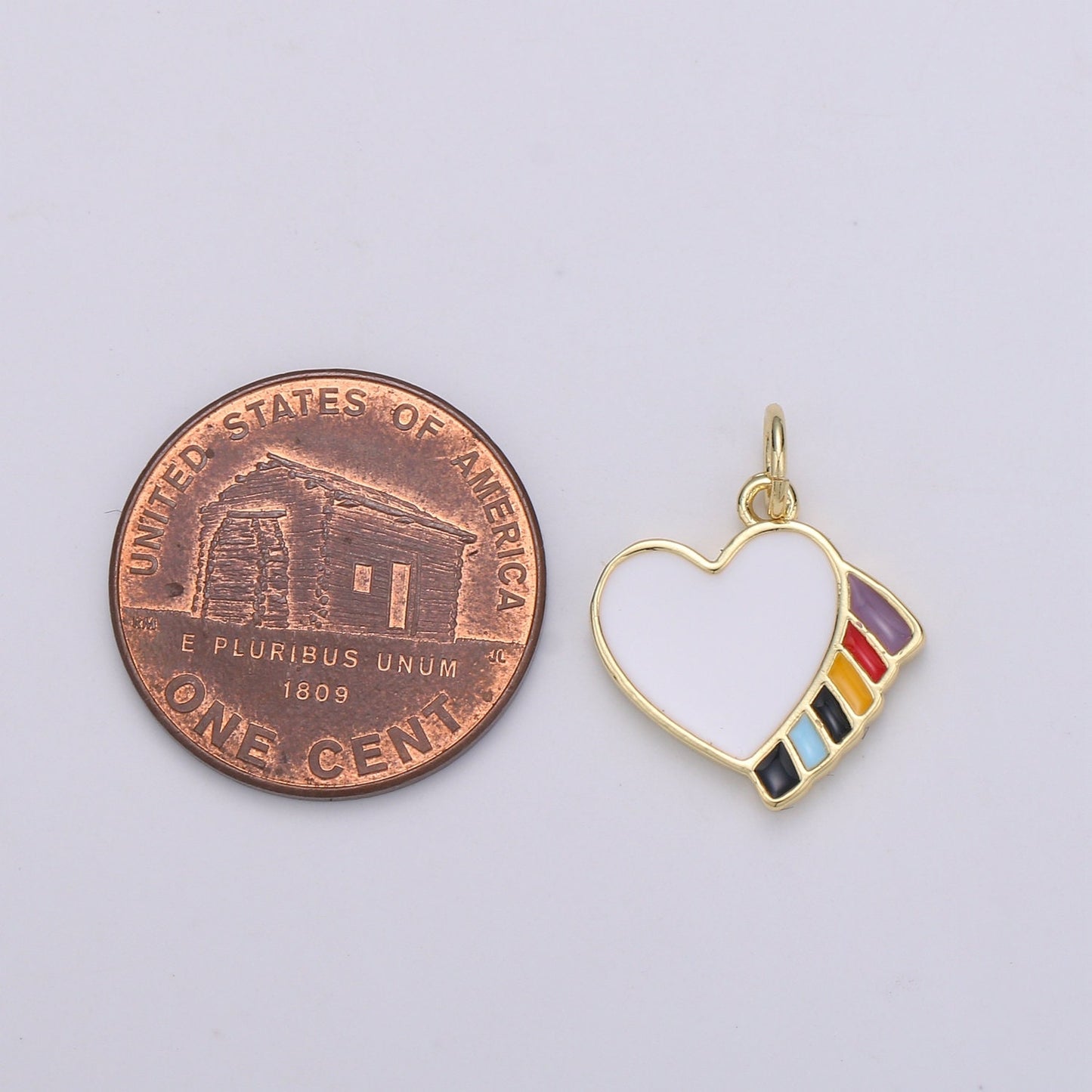 1Pc Gold White Enamel Heart Charms, Colorful Ribbons in Golden Palette Charm Medallion for Necklace, Paint my Heart DIY craft, 1783